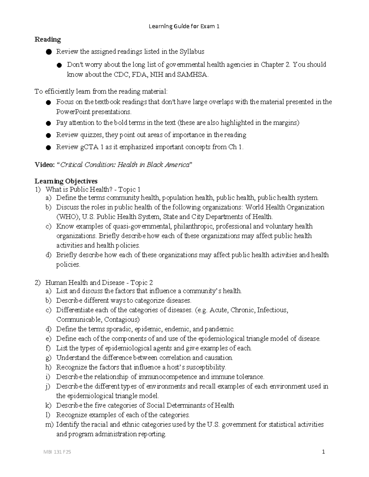 Learning Guide for Public Health Exam 1 (MBI 131 F25) - Studocu