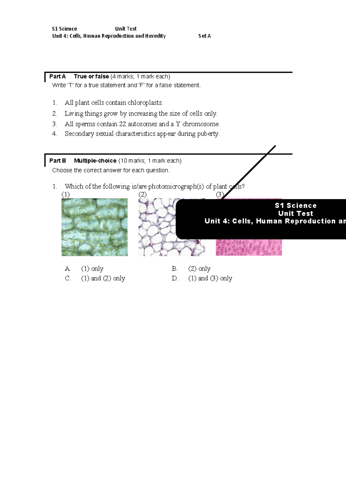 S1 Science Unit Test Unit 4: Cells, Human Reproduction & Heredity Set A ...