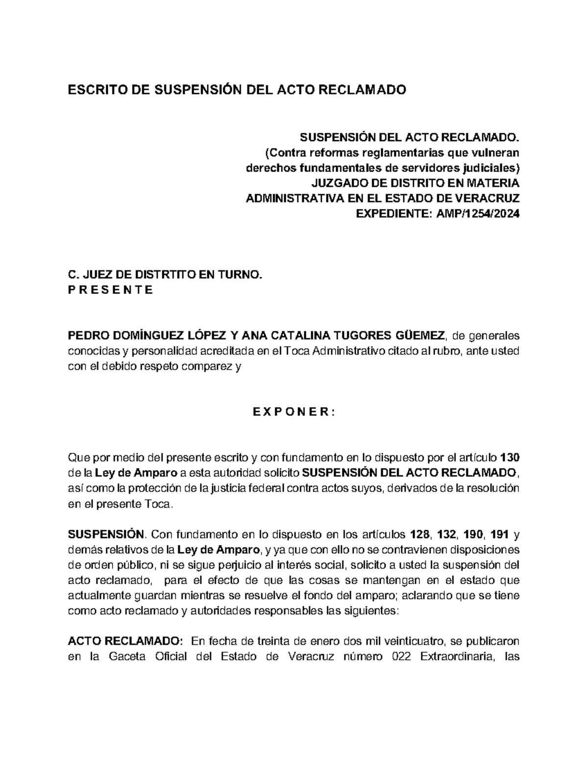 ESCRITO DE SUSPENSIÓN DEL ACTO RECLAMADO - JUZGADO ADMINISTRATIVO - Document Preview