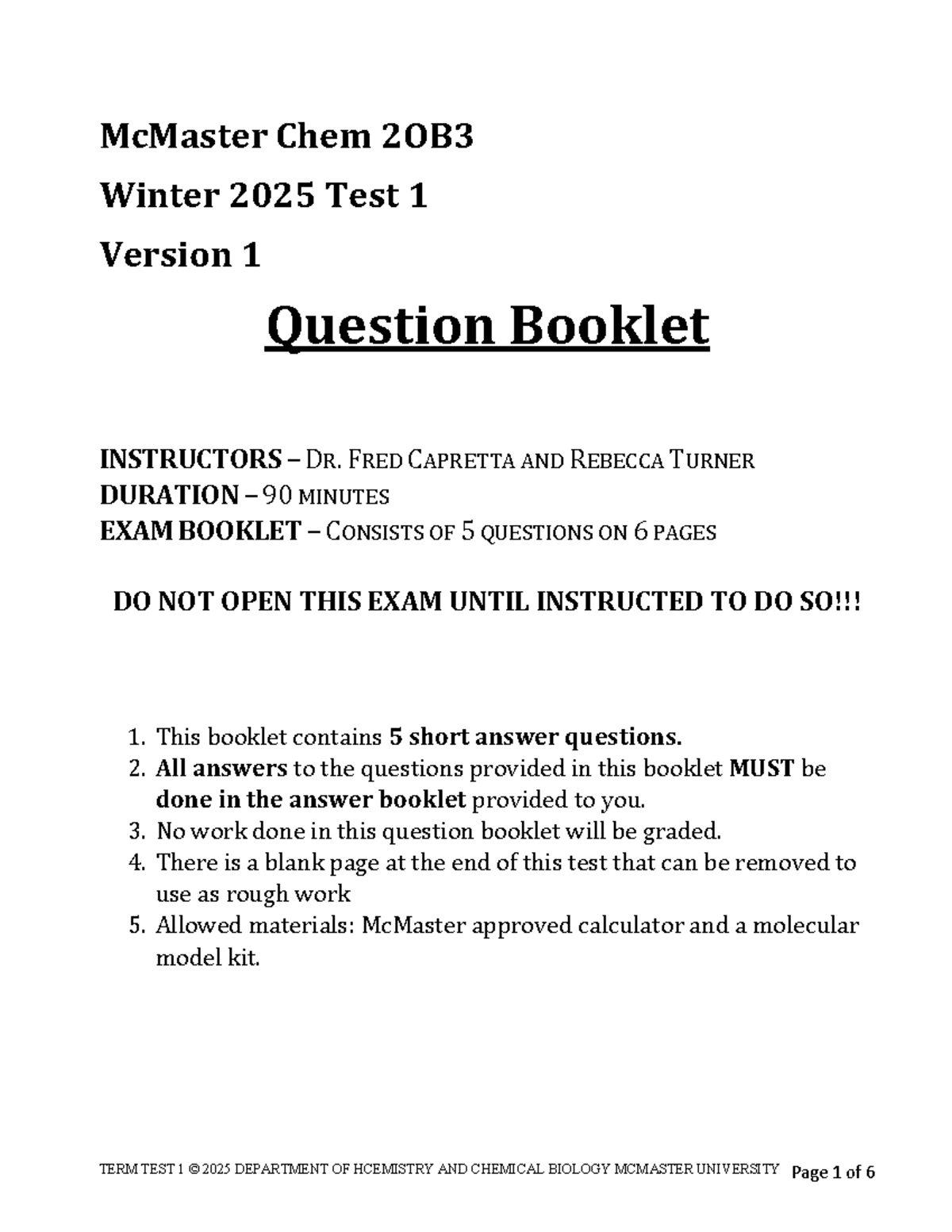 CHEM 2OB3 Winter 2025 Midterm Test 1 Question Booklet - Studocu