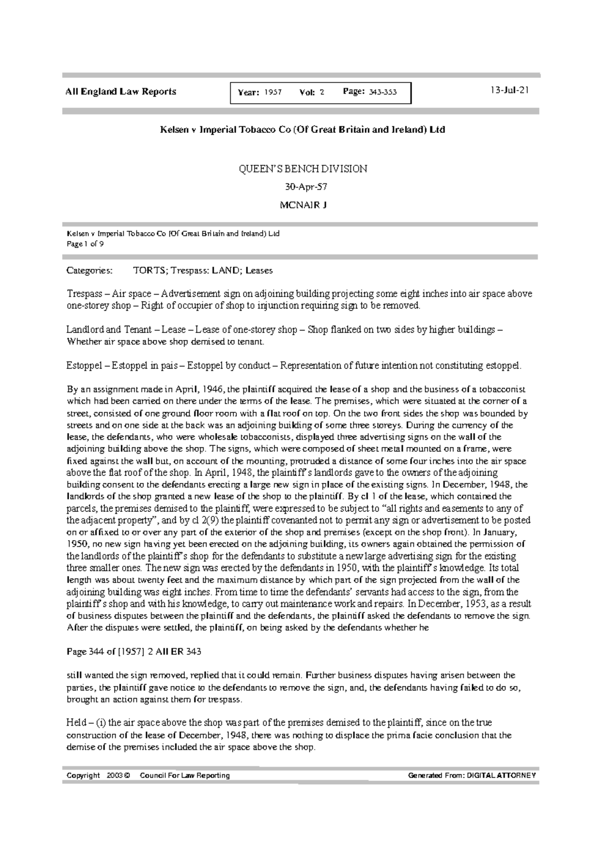 kelsen v imperial tobacco co Kelsen v Imperial Tobacco Co Ltd: Air Space Trespass Case Analysis