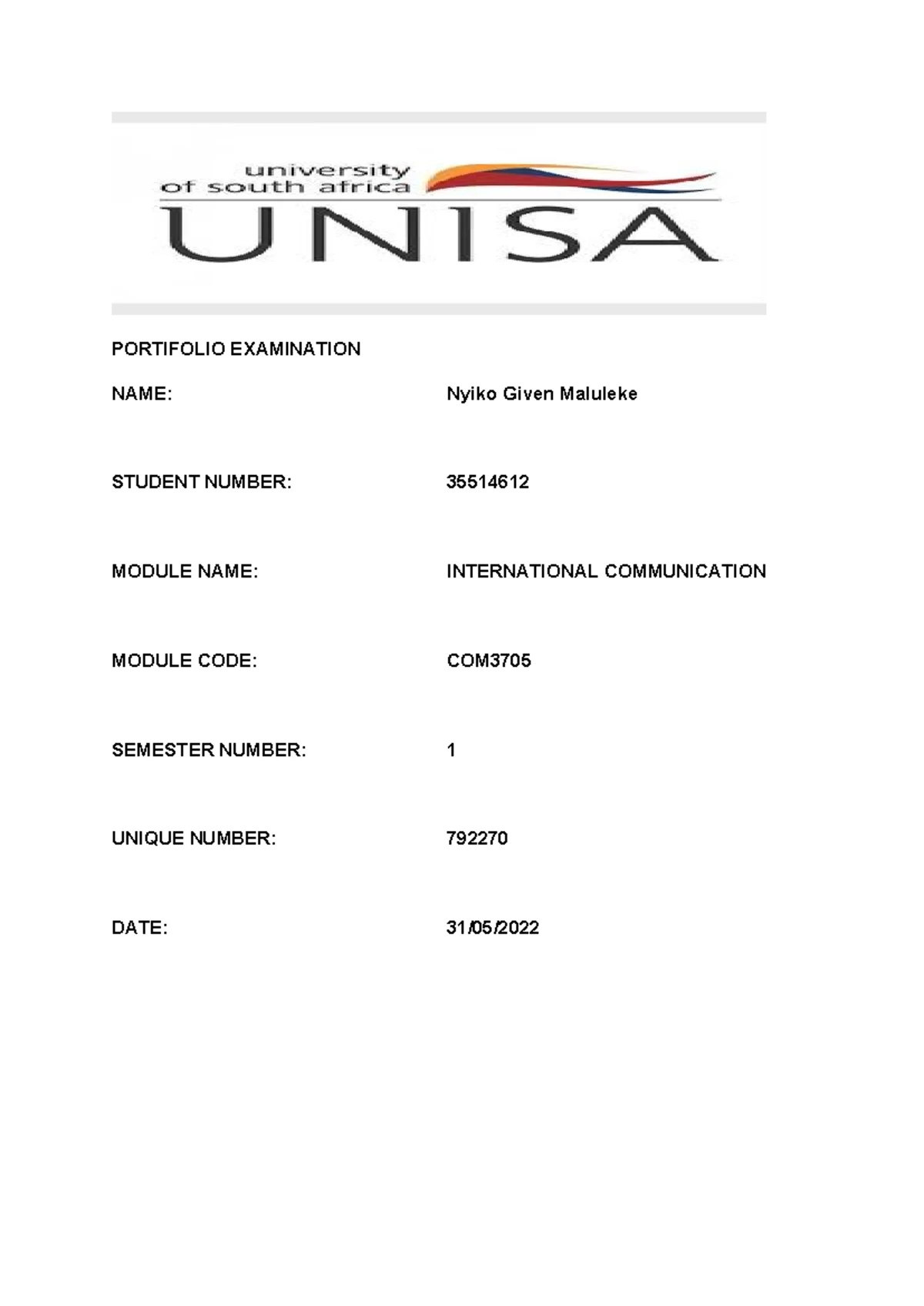 COM3703 Semester 1 Portfolio Examination 2021: Media Analysis and ...