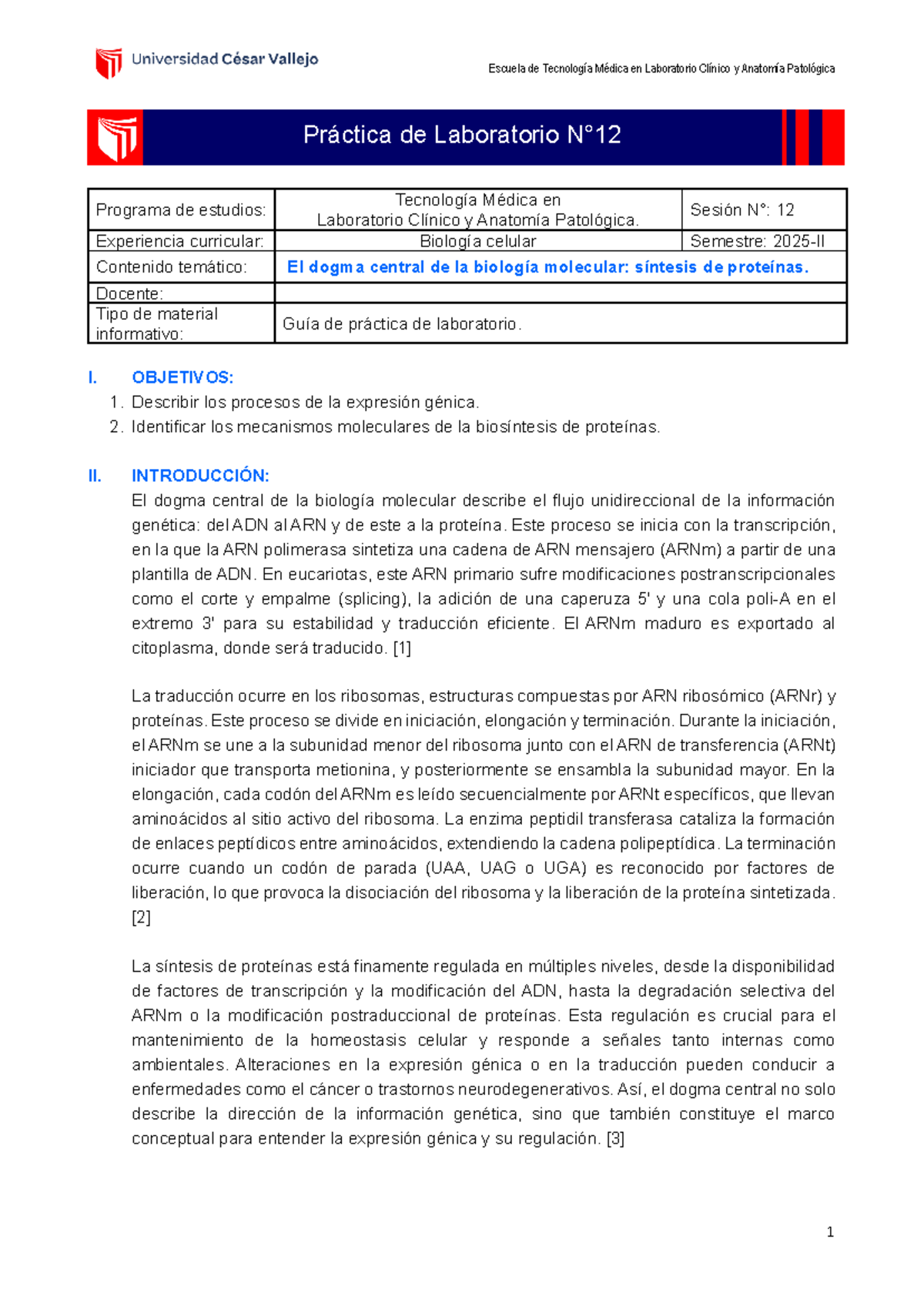 Guía de Práctica N°12: Dogma Central de Biología Molecular en