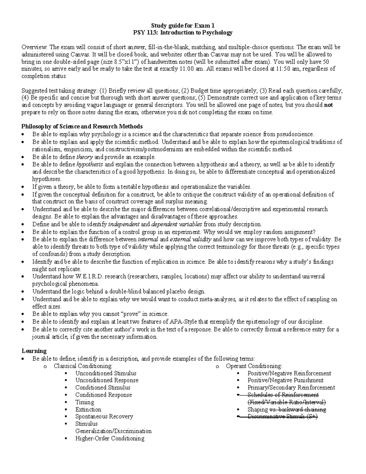 PSY 113 Study Guide for Exam 1: Key Concepts Overview - Studocu