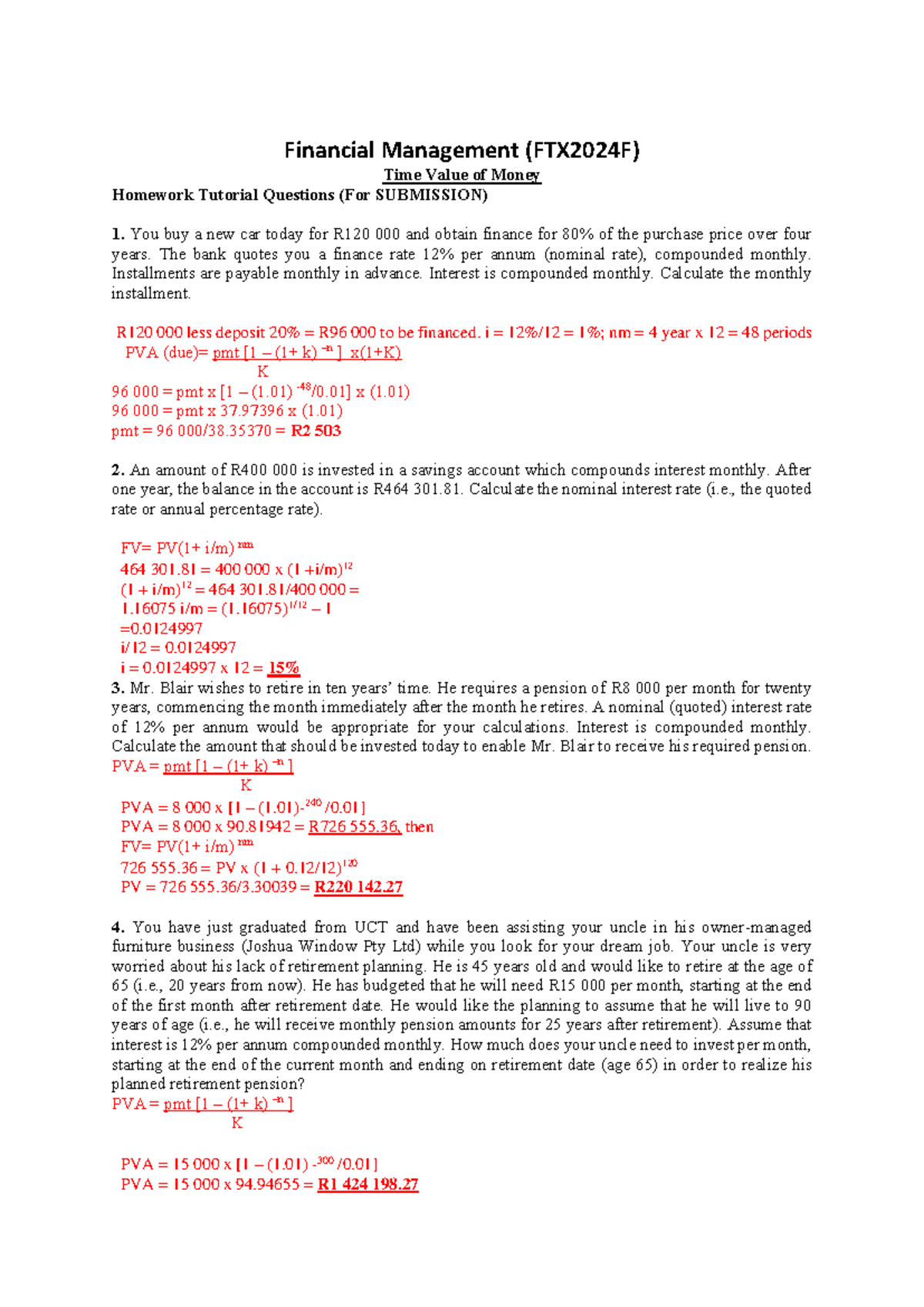 Financial Management (FTX2024F) Time Value of Money Homework Tutorial ...