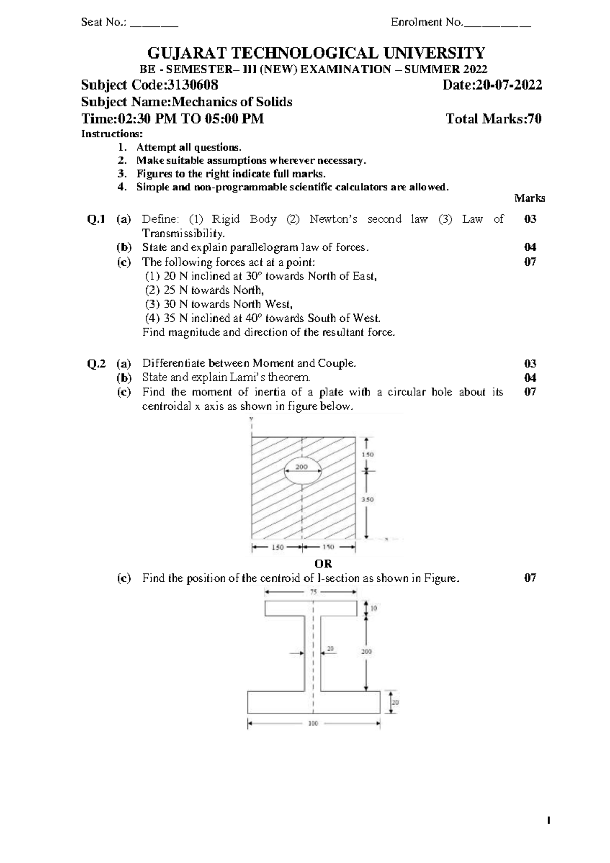 3130608 BE Summer 2022 - Mechanics of Solids Exam Paper - Studocu