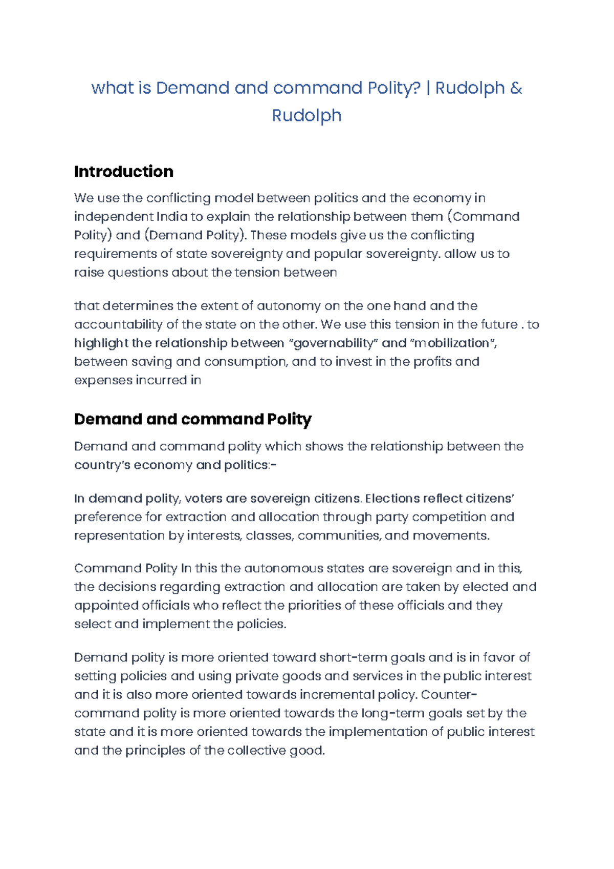 Demand and Command Polity: Exploring Political-Economic Dynamics - Studocu