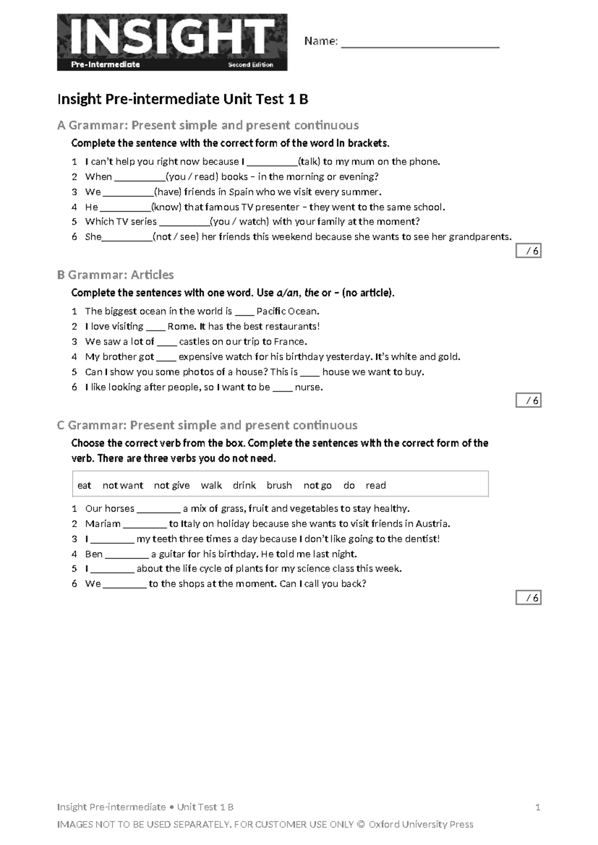 Insight Pre-Intermediate Unit 1B - Model Test on Grammar and Vocabulary ...