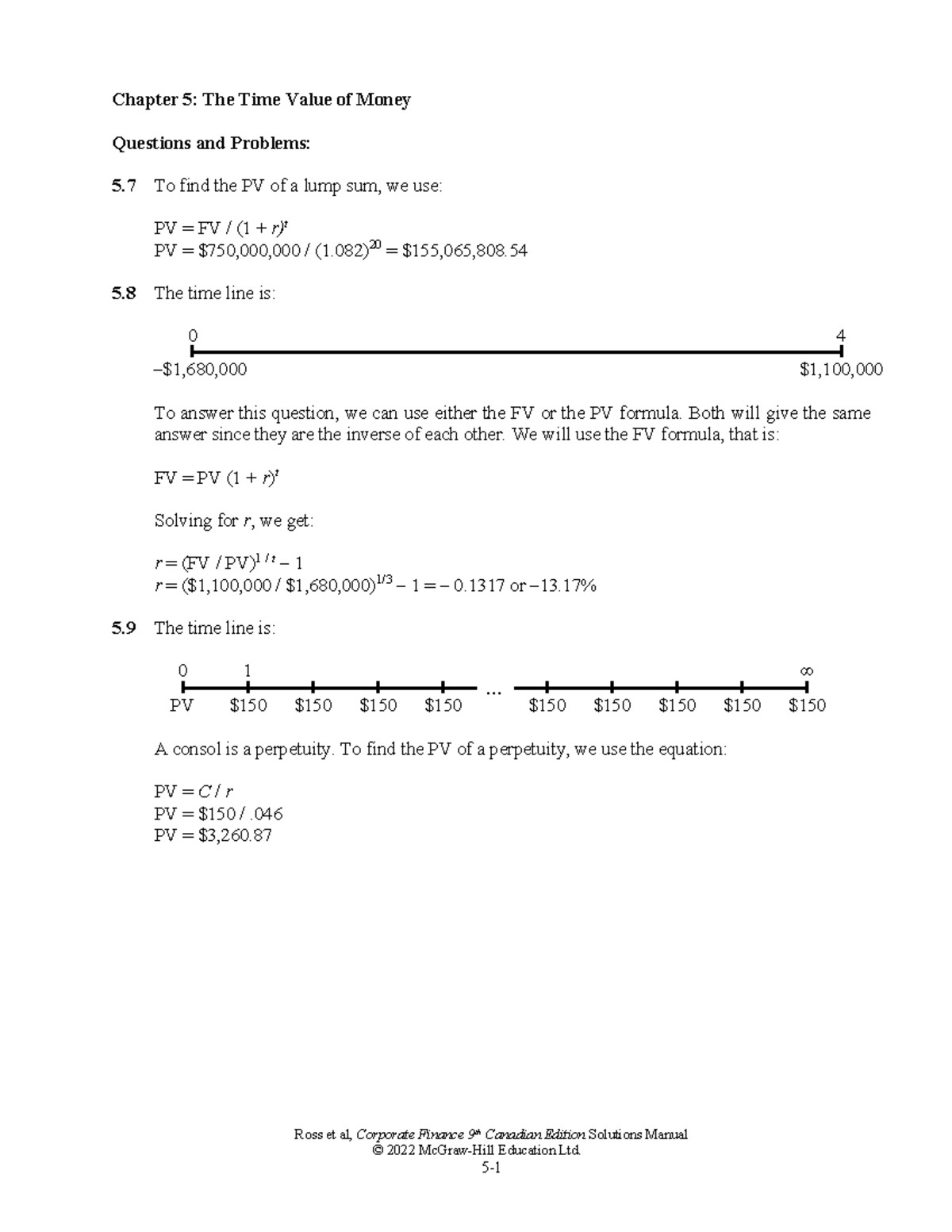 Chapter 5: Time Value of Money Questions & Problems - Ross CF 9ce SM ...