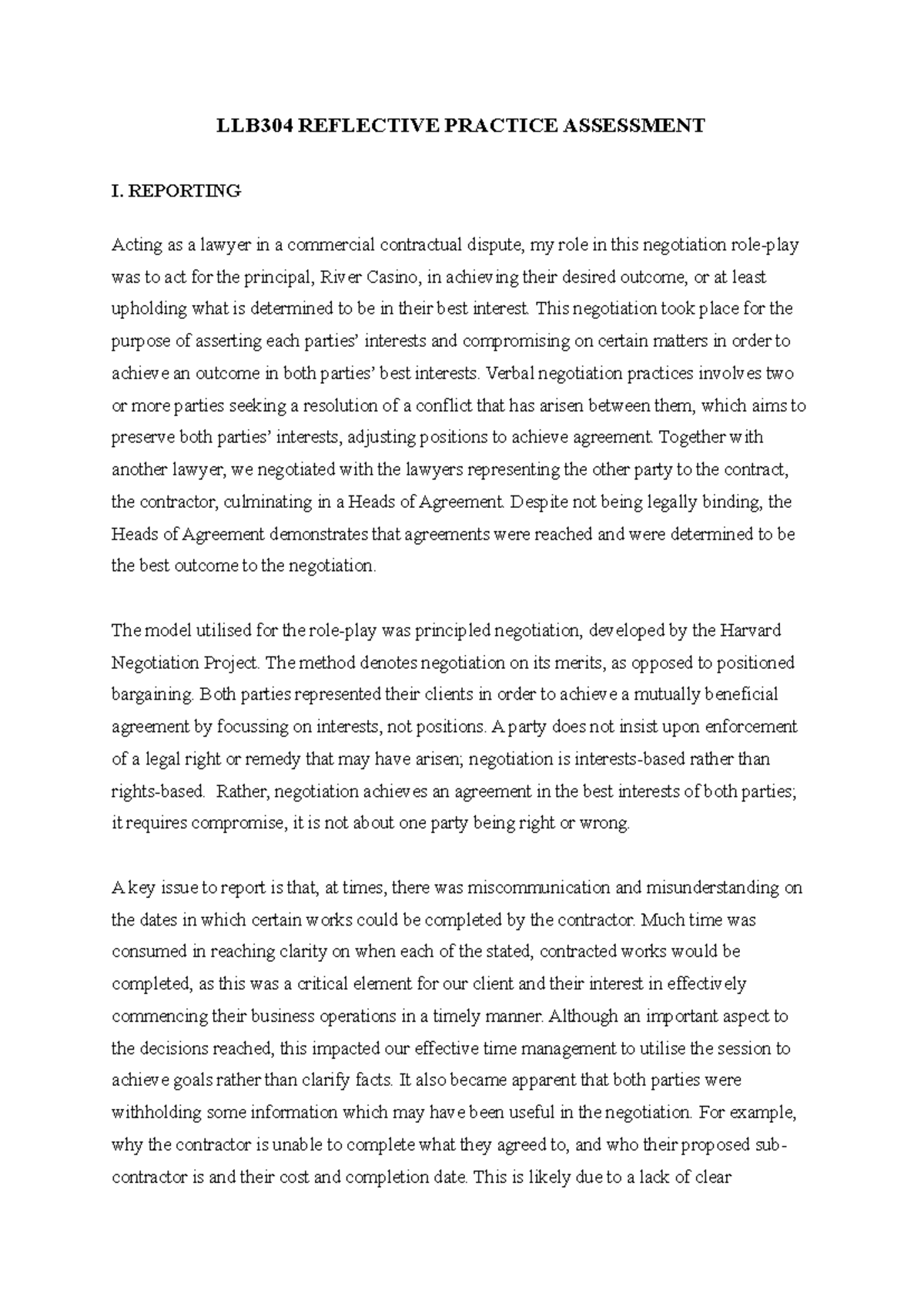 LLB304 Reflective Practice Assessment I: Insights from Commercial ...
