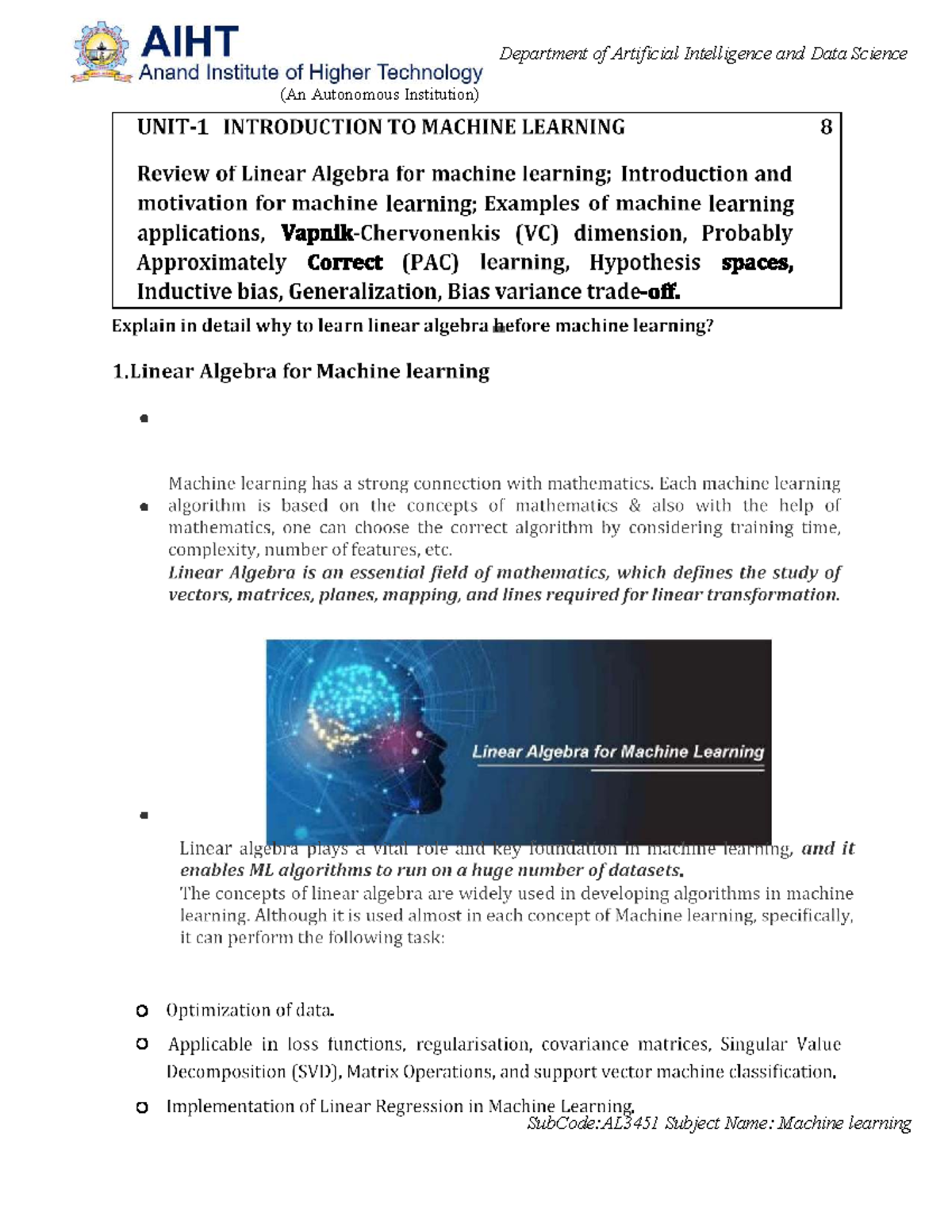 Ml unit 1 notes for course AL3451: Machine learning - Studocu