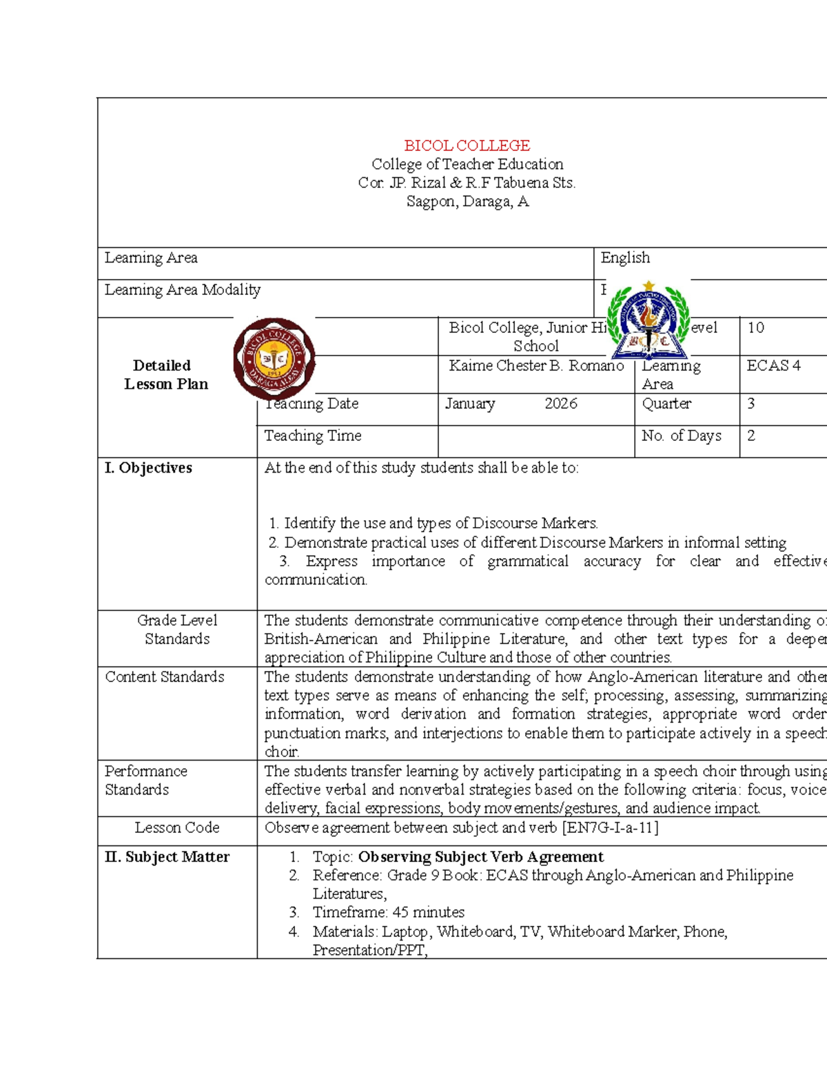 Detailed Lesson Plan on Subject-Verb Agreement (Grade 10) - ECAS 4 ...