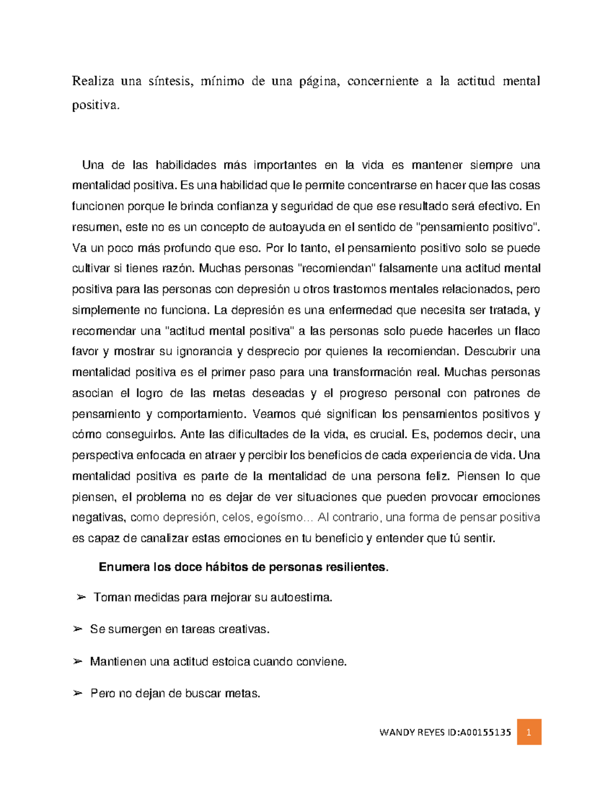Síntesis sobre la Actitud Mental Positiva - Actividad 5 WANDY REYES ID ...