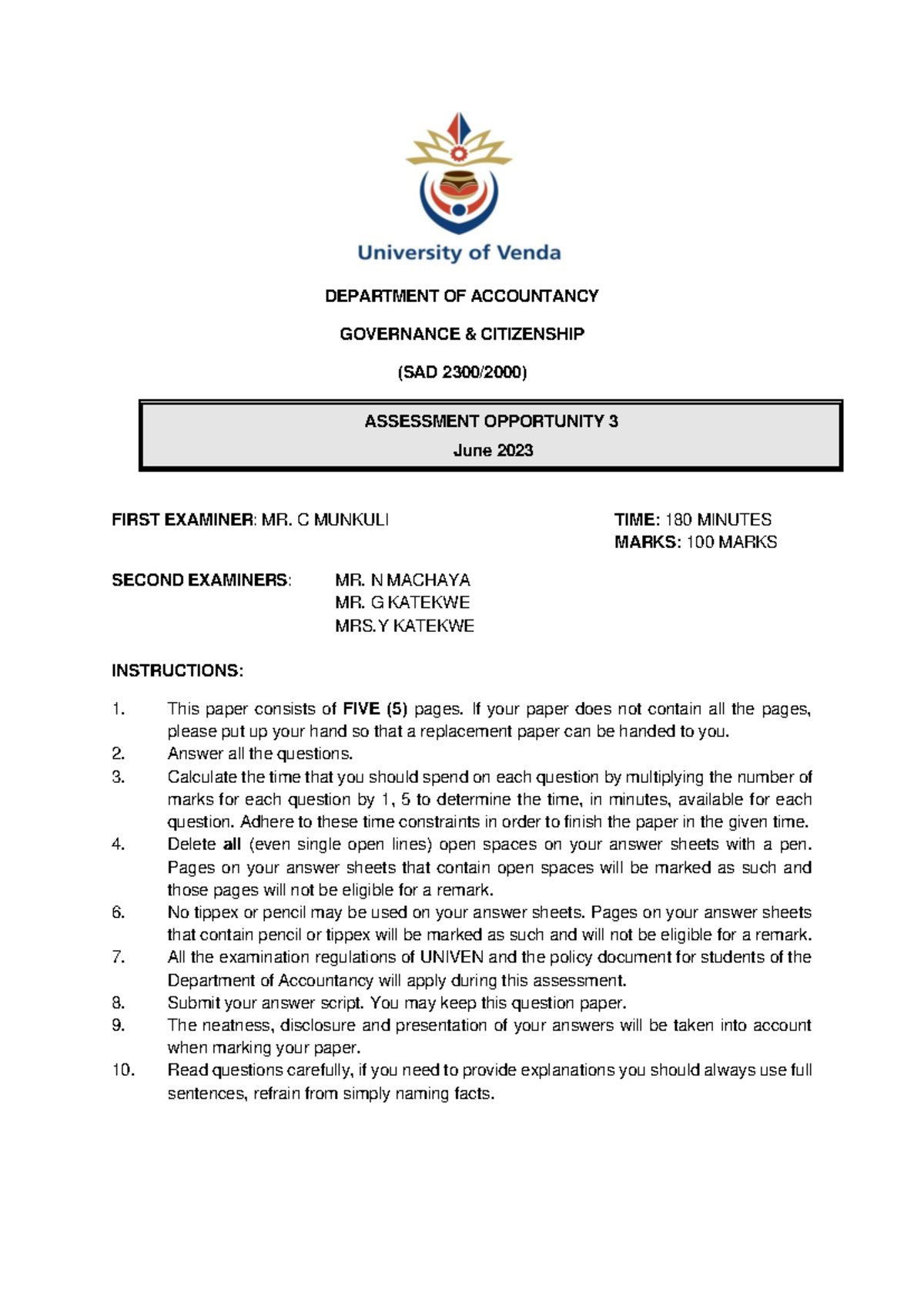 2023 June Assessment 3 - Testn 3 - DEPARTMENT OF ACCOUNTANCY GOVERNANCE ...