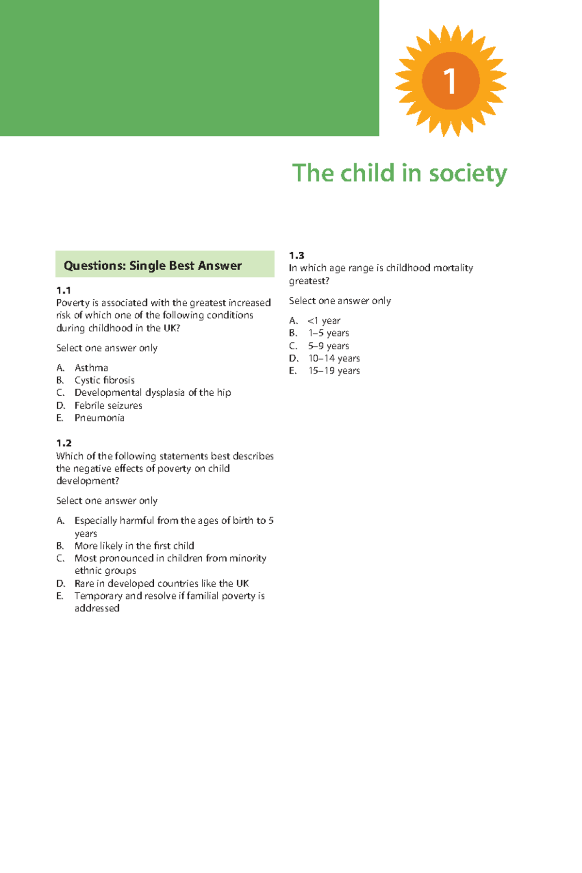 Child Development and Health Issues: Single Best Answer Questions ...