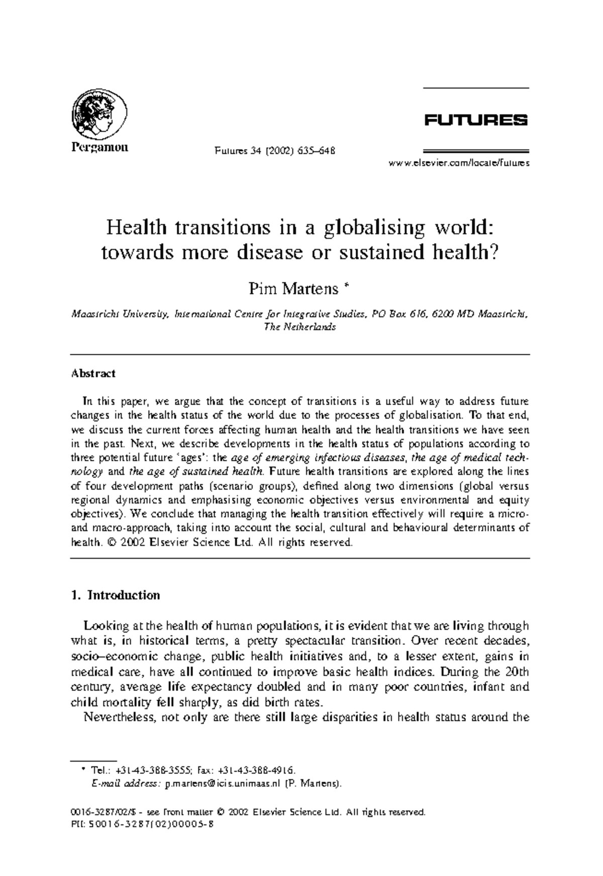 Health Transitions in a Globalising World: Futures 34 (2002) Analysis ...