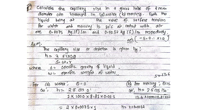 Capillary Rise Calculation in a Tube: Water & Mercury Analysis - Studocu