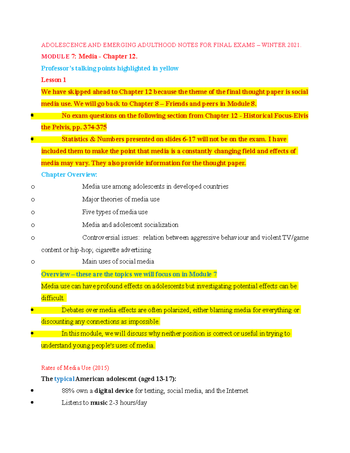 Adolescence AND Emerging Adulthood Notes FOR Final Exams Winter 2021 ...