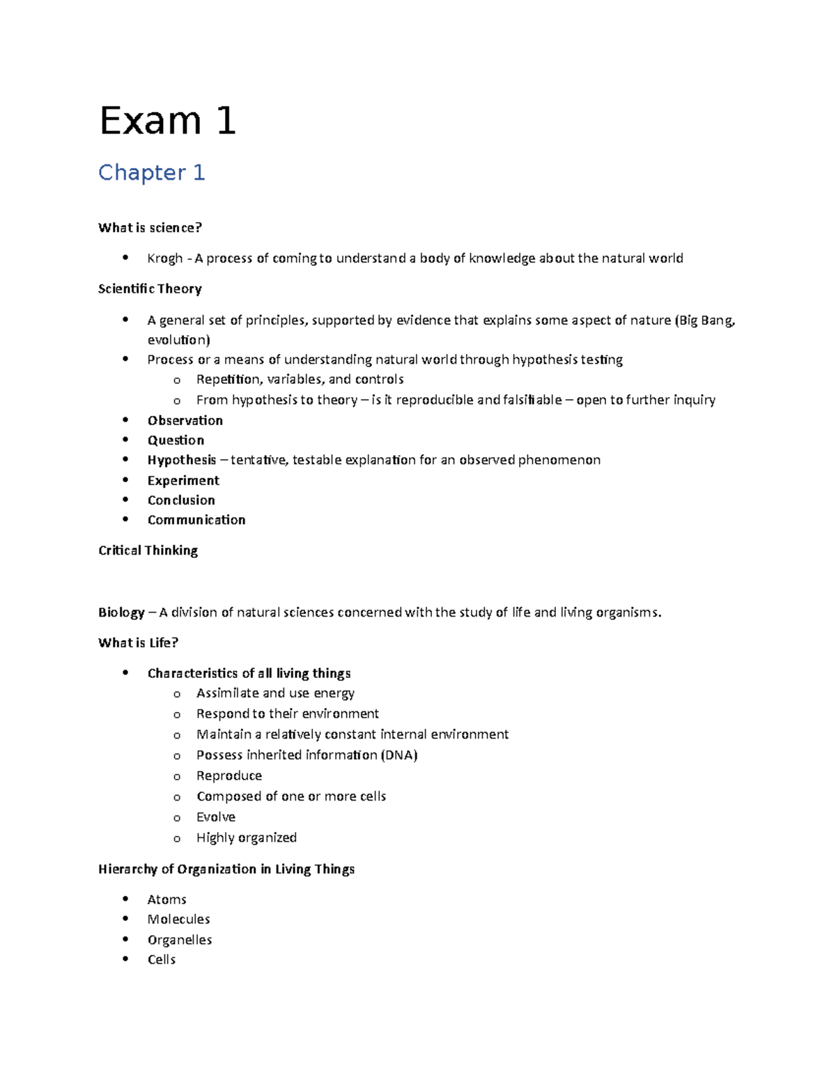 Bio 101 Lecture Notes: Key Concepts for Exam 1 - Studocu