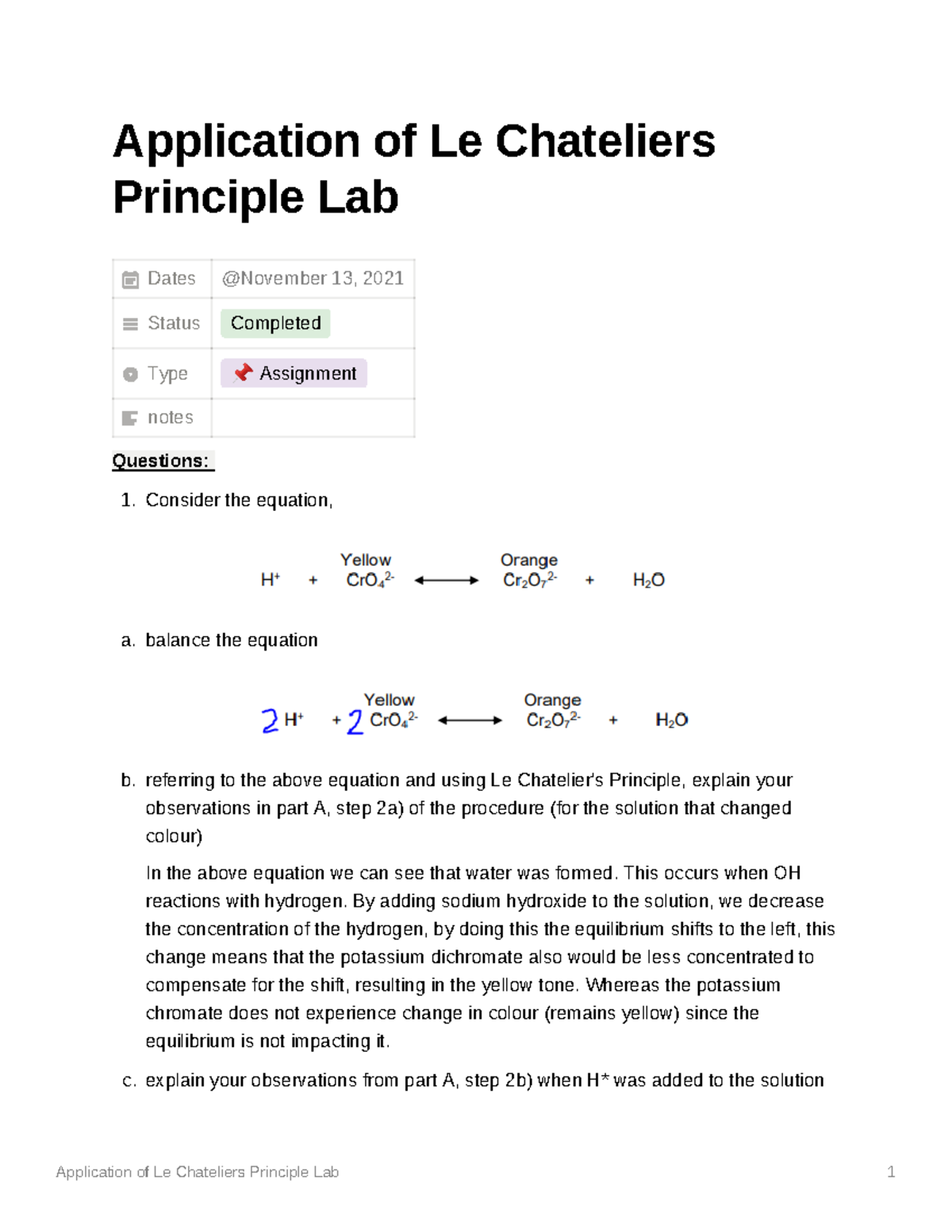 Lab Report: Application of Le Chatelier's Principle (Chem 101) - Studocu