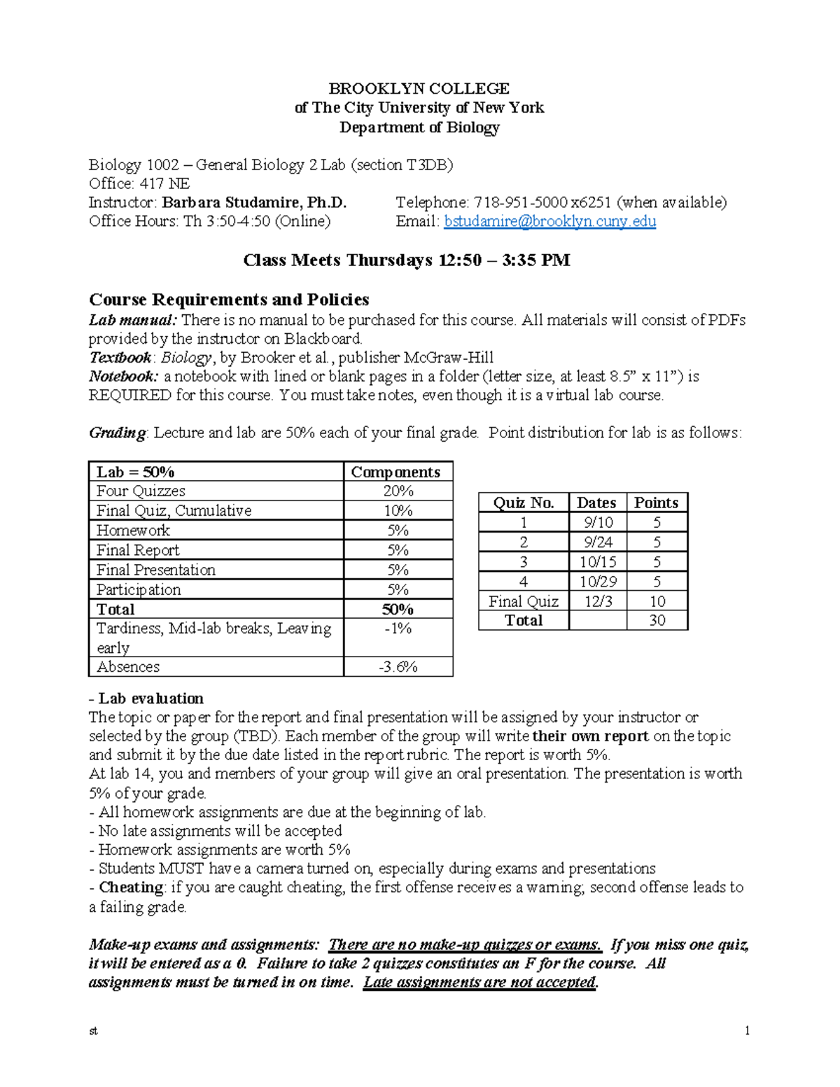 Bio2 Lab Syllabus and Policies for Fall 2020 - Studamire - Studocu