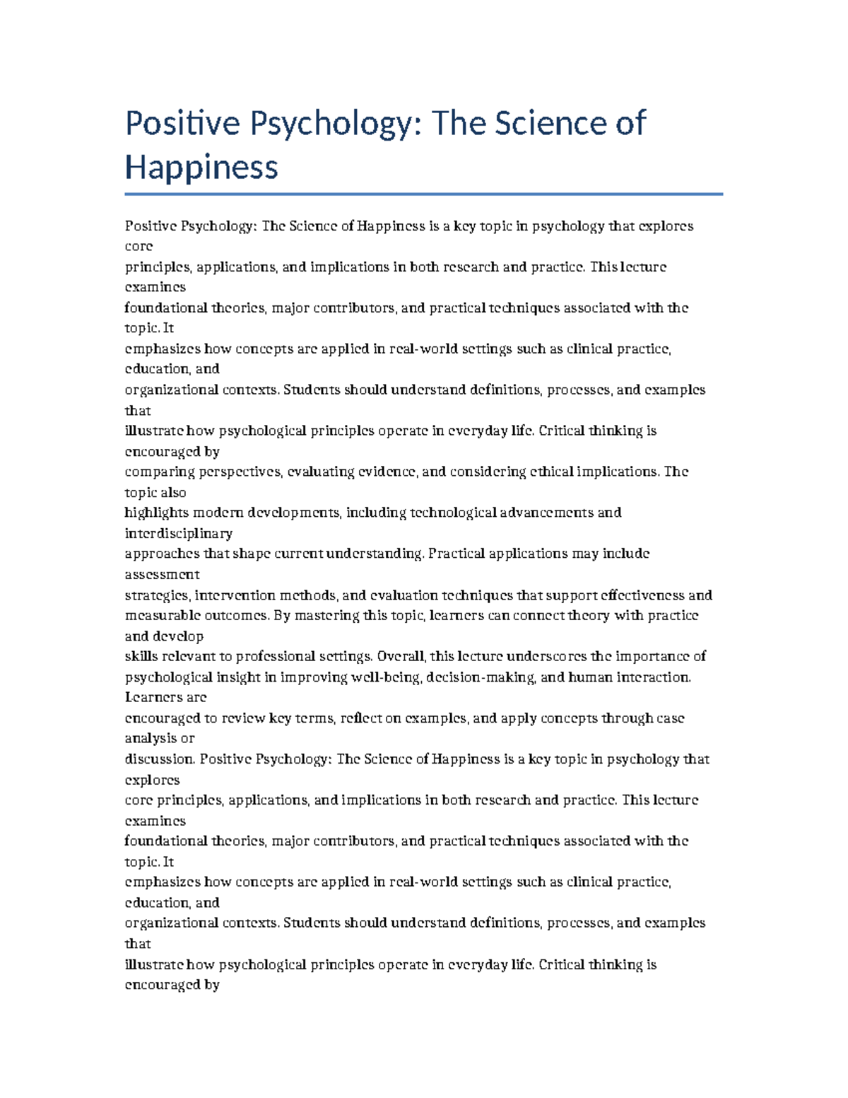 Positive Psychology (PSY101): Lecture on Happiness Science - Studocu