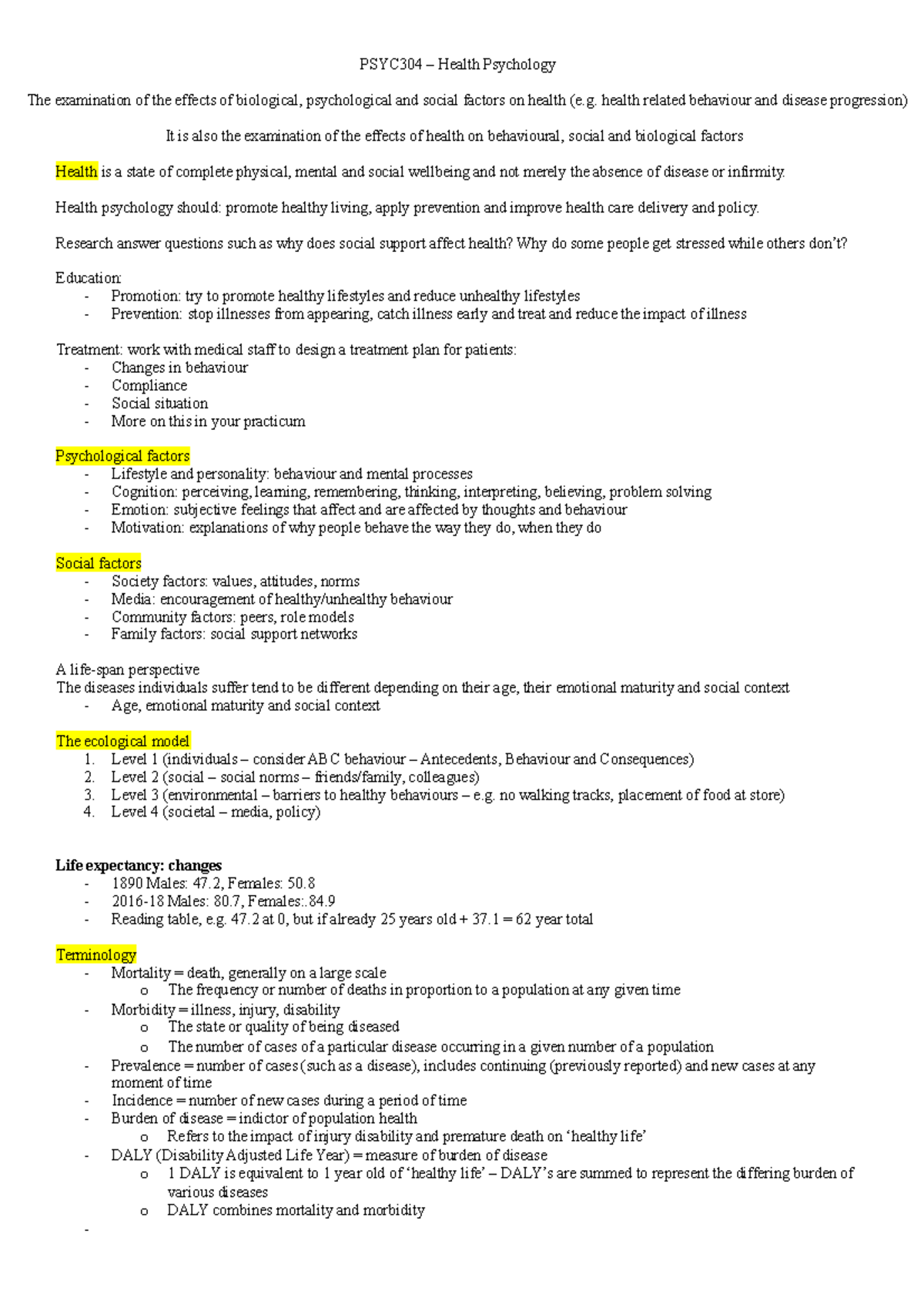 PSYC304 – Comprehensive Health Psychology Study Notes - Studocu