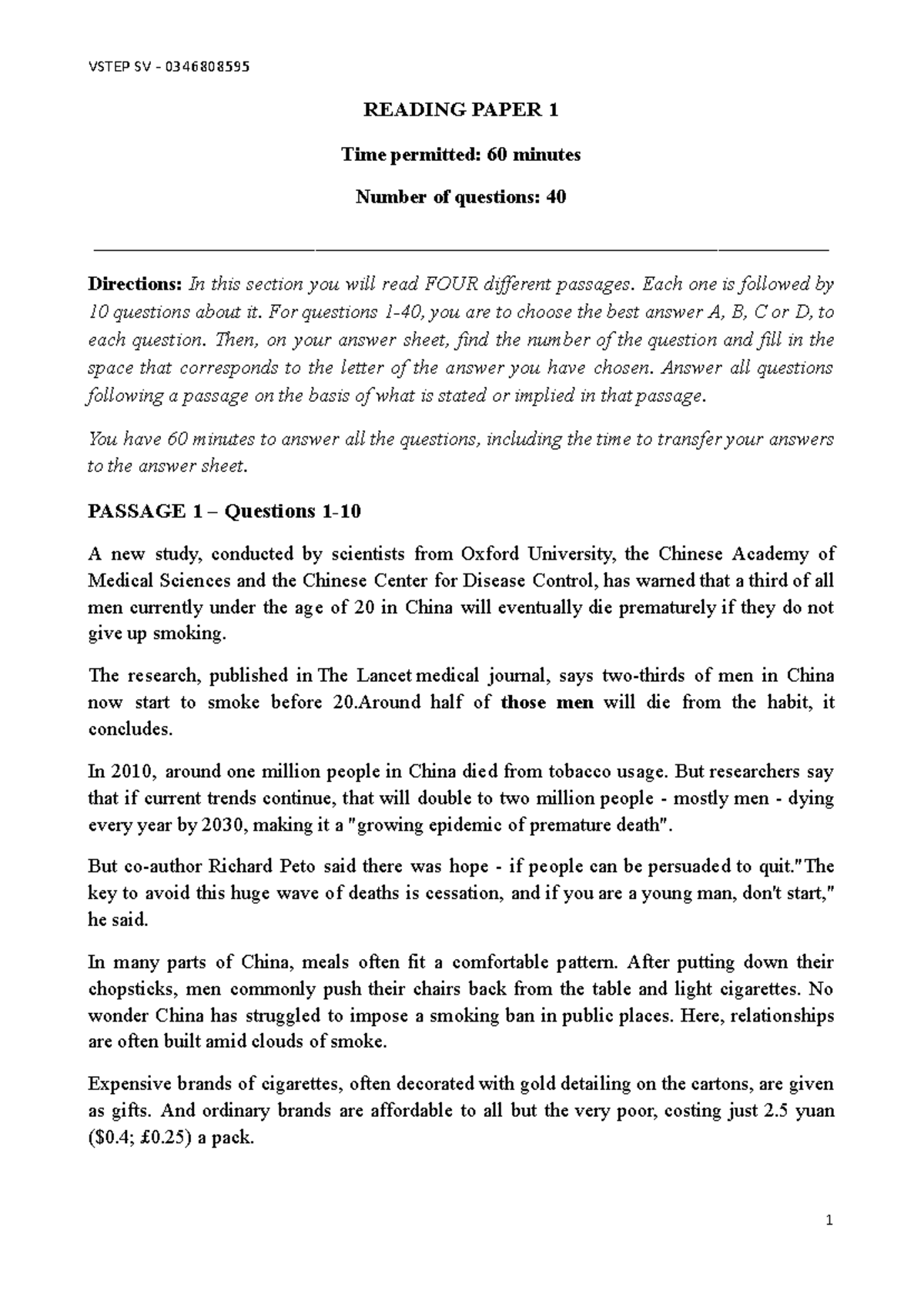 VSTEP SV 0346808595 READING TEST 1: Comprehensive Practice Questions ...