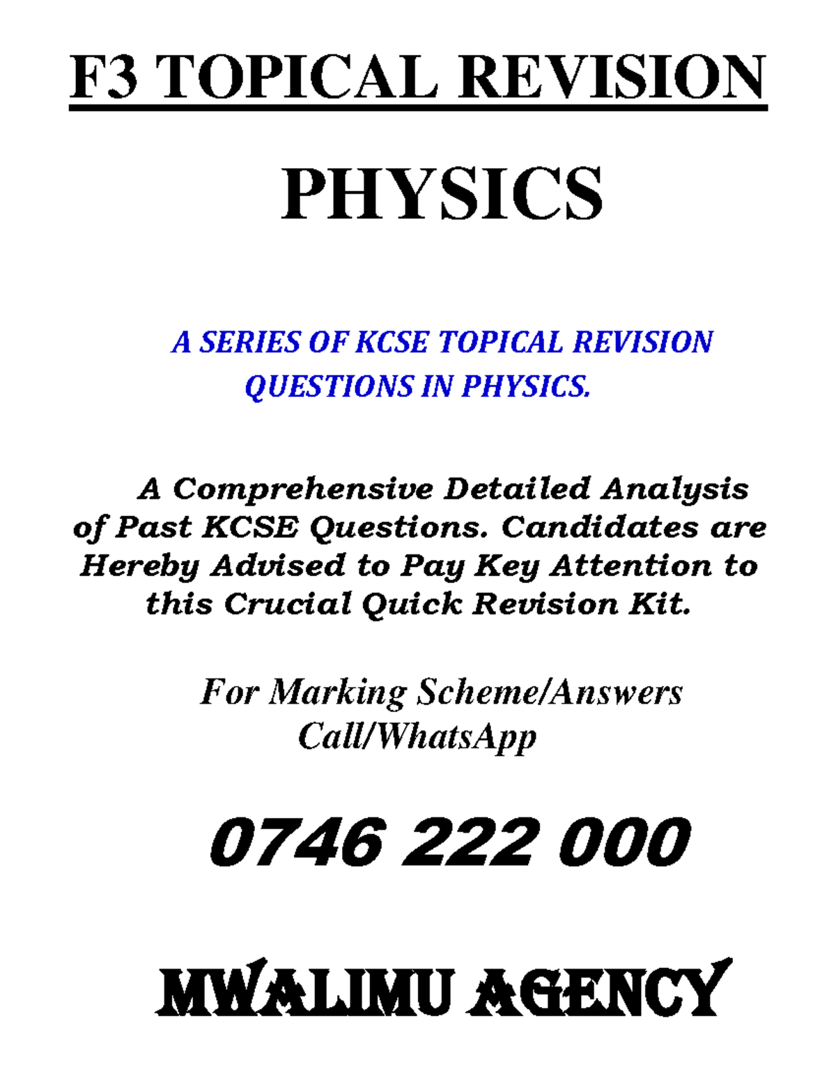 KCSE F3 Physics Topical Revision Questions & Analysis - Studocu