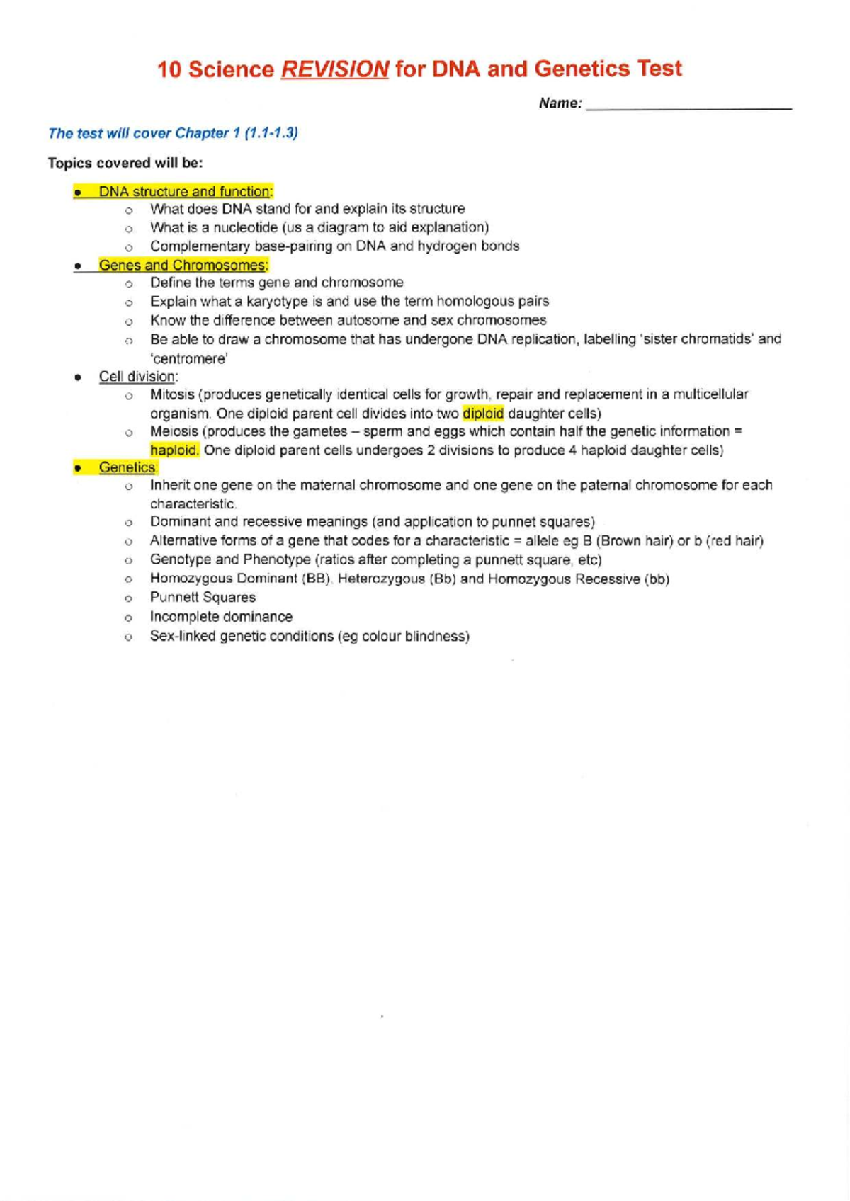 10 Science Revision for DNA and Genetics Test - Studocu