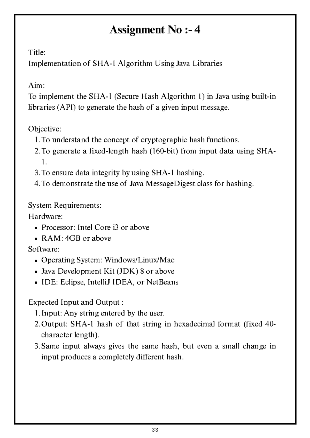 Assignment No 4: Implementing SHA-1 Algorithm in Java Libraries - Studocu