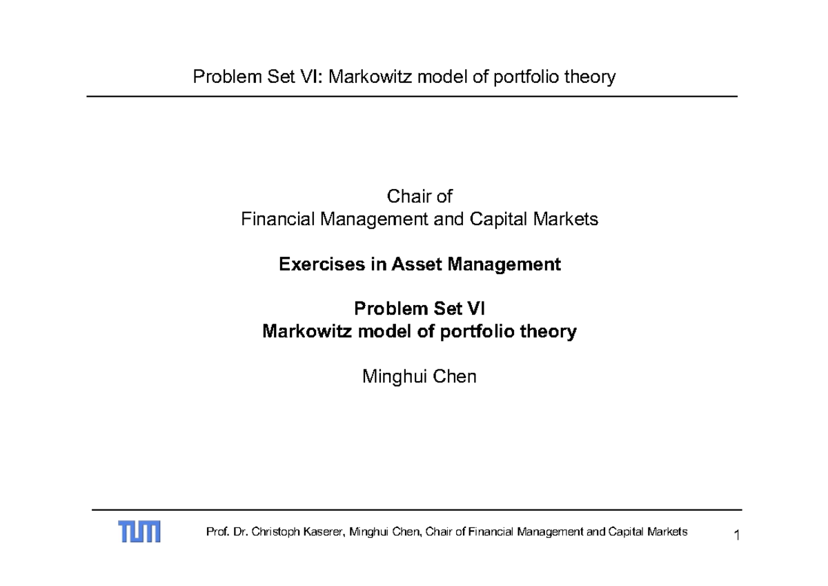 Problem Set VI: Asset Management & Markowitz Model (WS2425) - Studocu