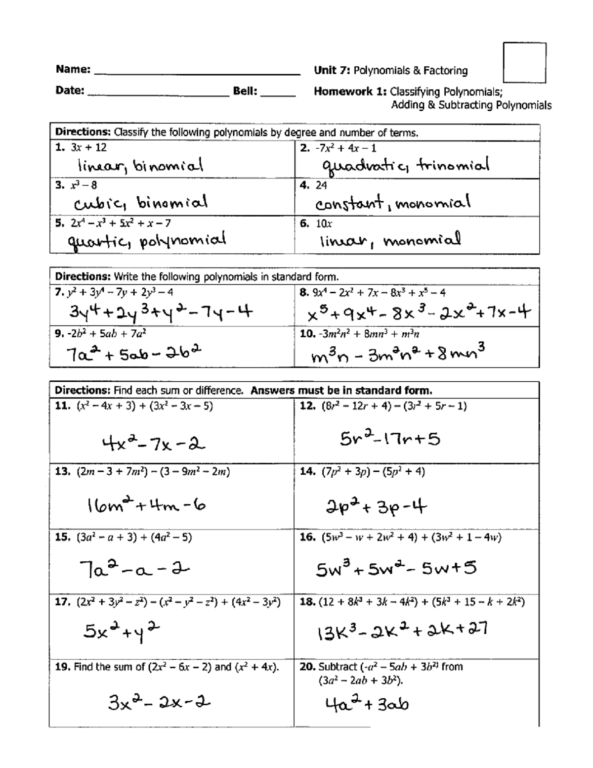Algebra 1 (2021-2022) Unit 7: Polynomials Factoring Homework Key - Studocu