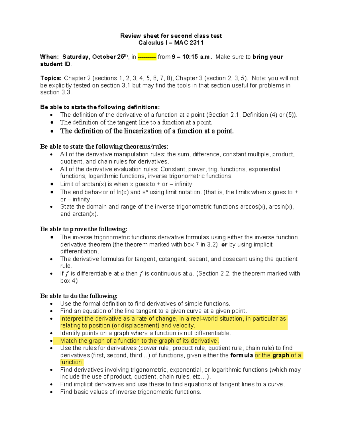 Review Sheet for Test 2 in Calculus I MAC 2311 - Studocu