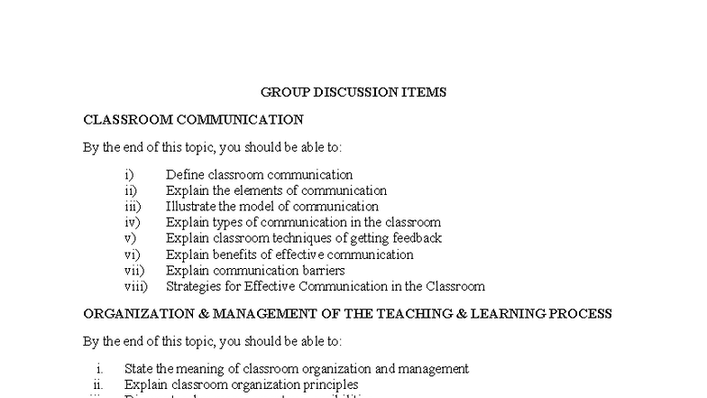 EDCI 221 Group Discussion Items on Classroom Communication and ...