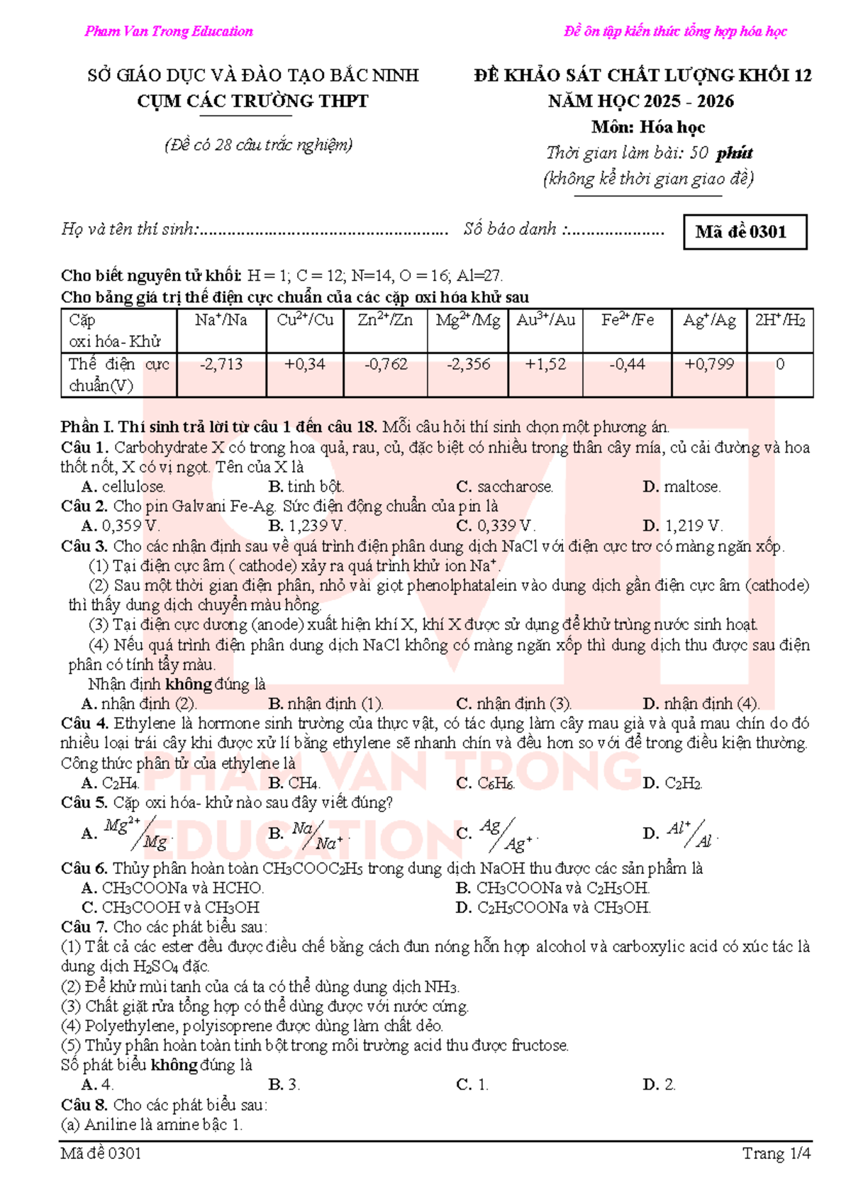 Đề ôn tập kiến thức tổng hợp Hóa học - Mã đề 0301 - Khảo sát chất lượng ...