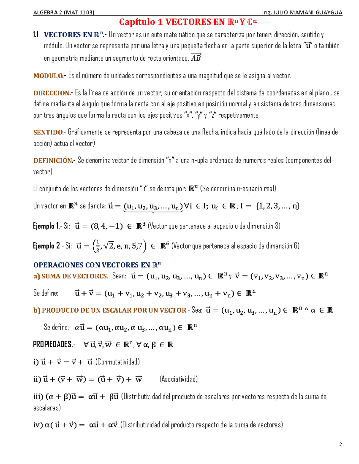 Algebra 2 - Capítulo 1: Vectores en ℝⁿ y ℂⁿ - Document Preview