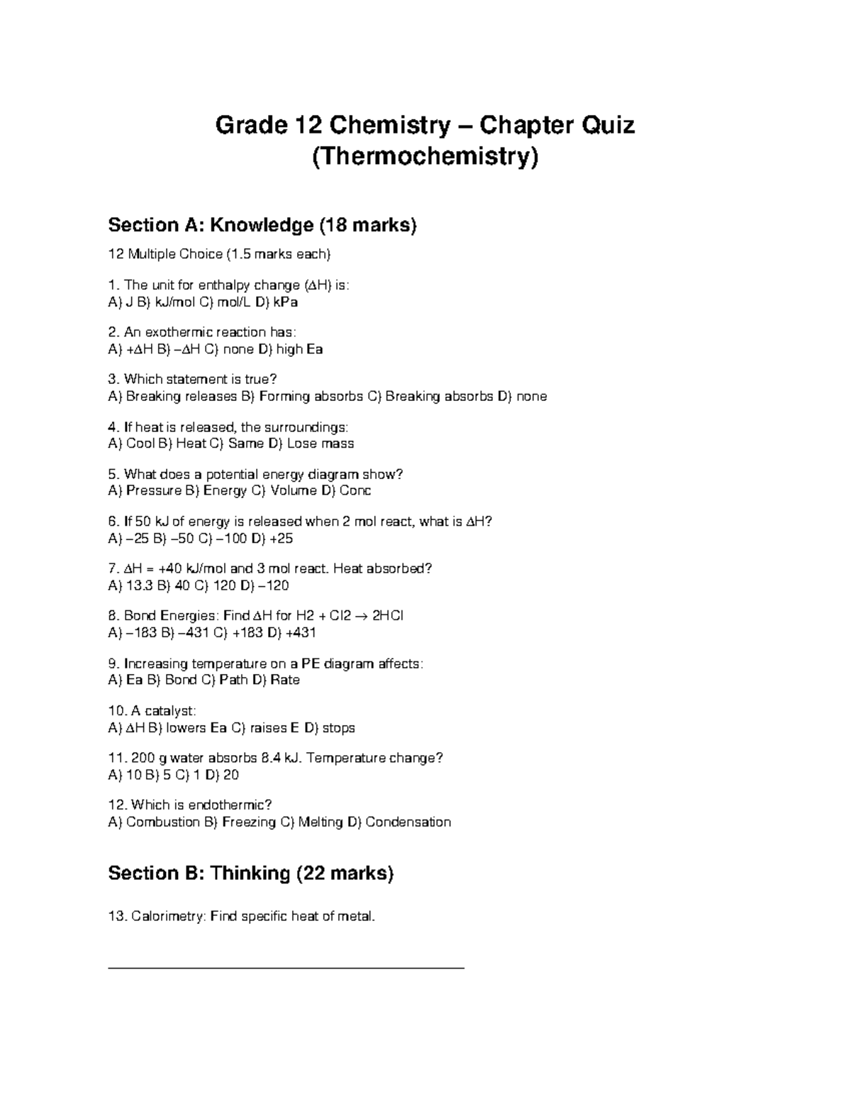 Grade 12 Chemistry Quiz: Thermochemistry (Knowledge & Thinking) - Studocu
