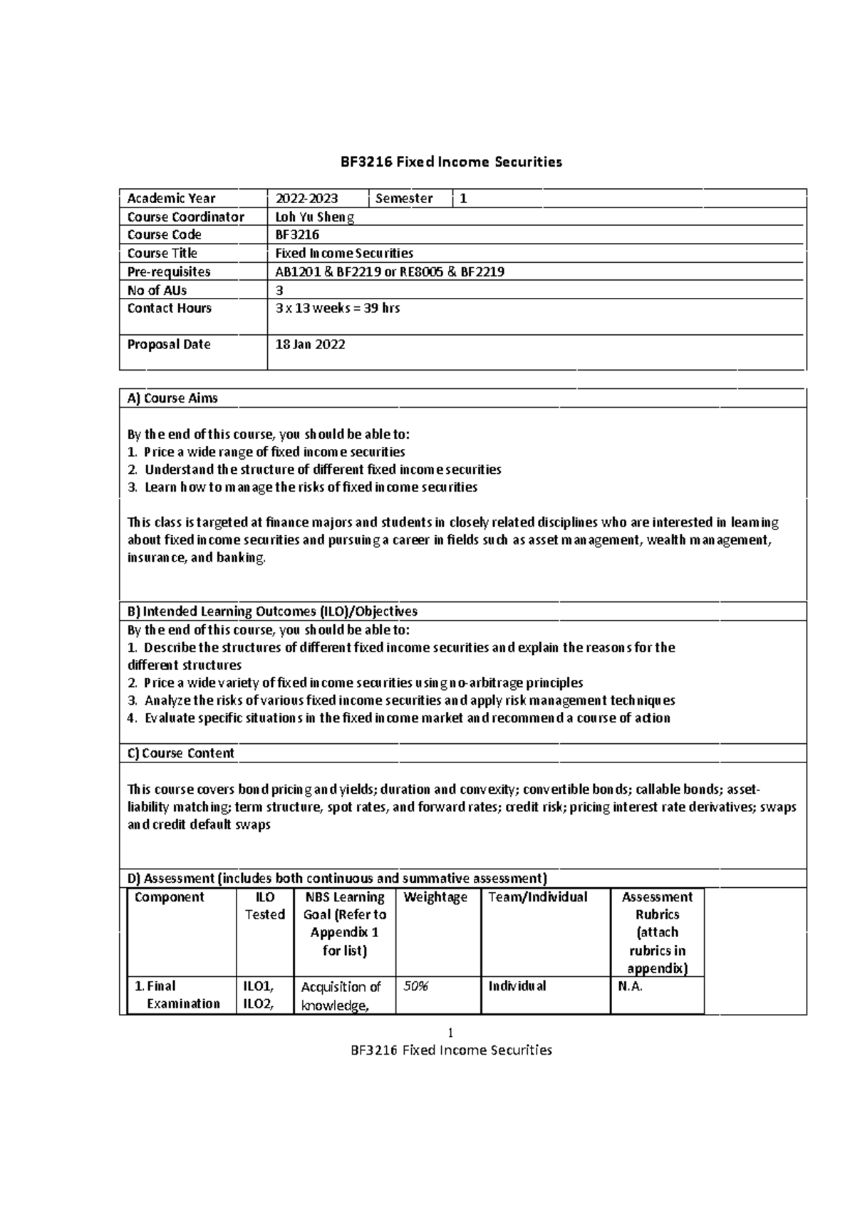 BF3216 Fixed Income Securities Course Overview and Assessment S1 AY2022 ...