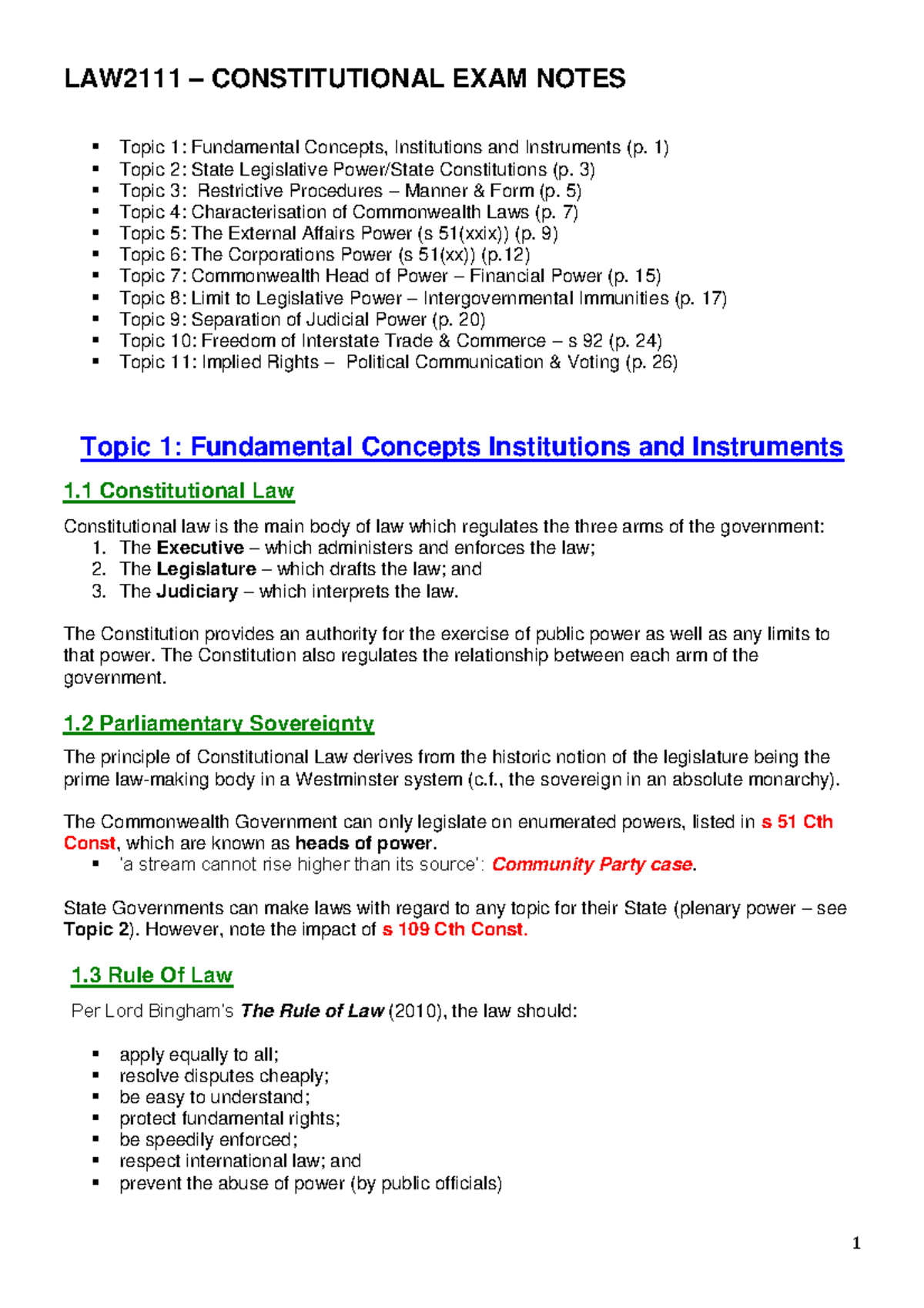 CONSTITUTIONAL LAW EXAM NOTES (LWS101): Key Concepts & Powers Overview ...
