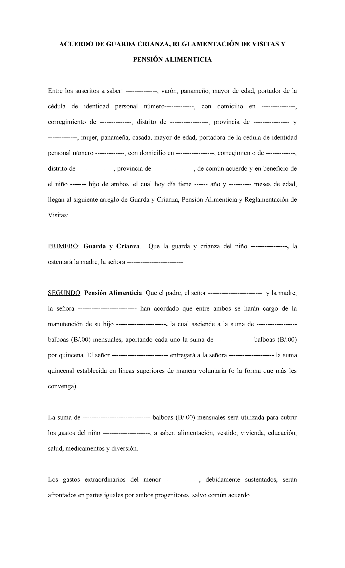 Modelo de Acuerdo de Guarda y Crianza con Pensión Alimenticia - Document Preview