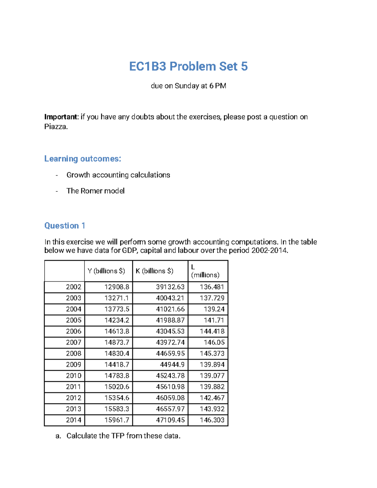 EC1B3 Problem Set 5 Solutions: Growth Accounting & Romer Model Analysis ...