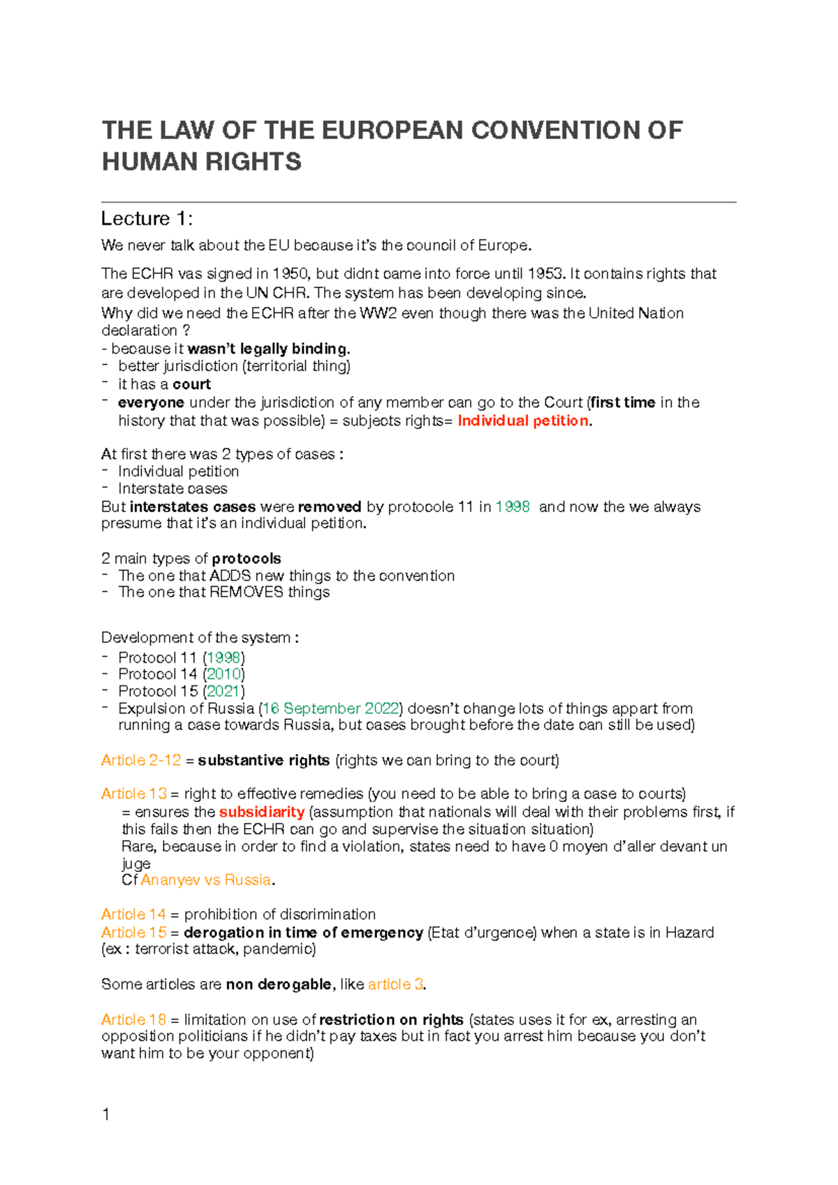 ECHR 101: Lecture Notes on Human Rights Law and Case Studies - Studocu