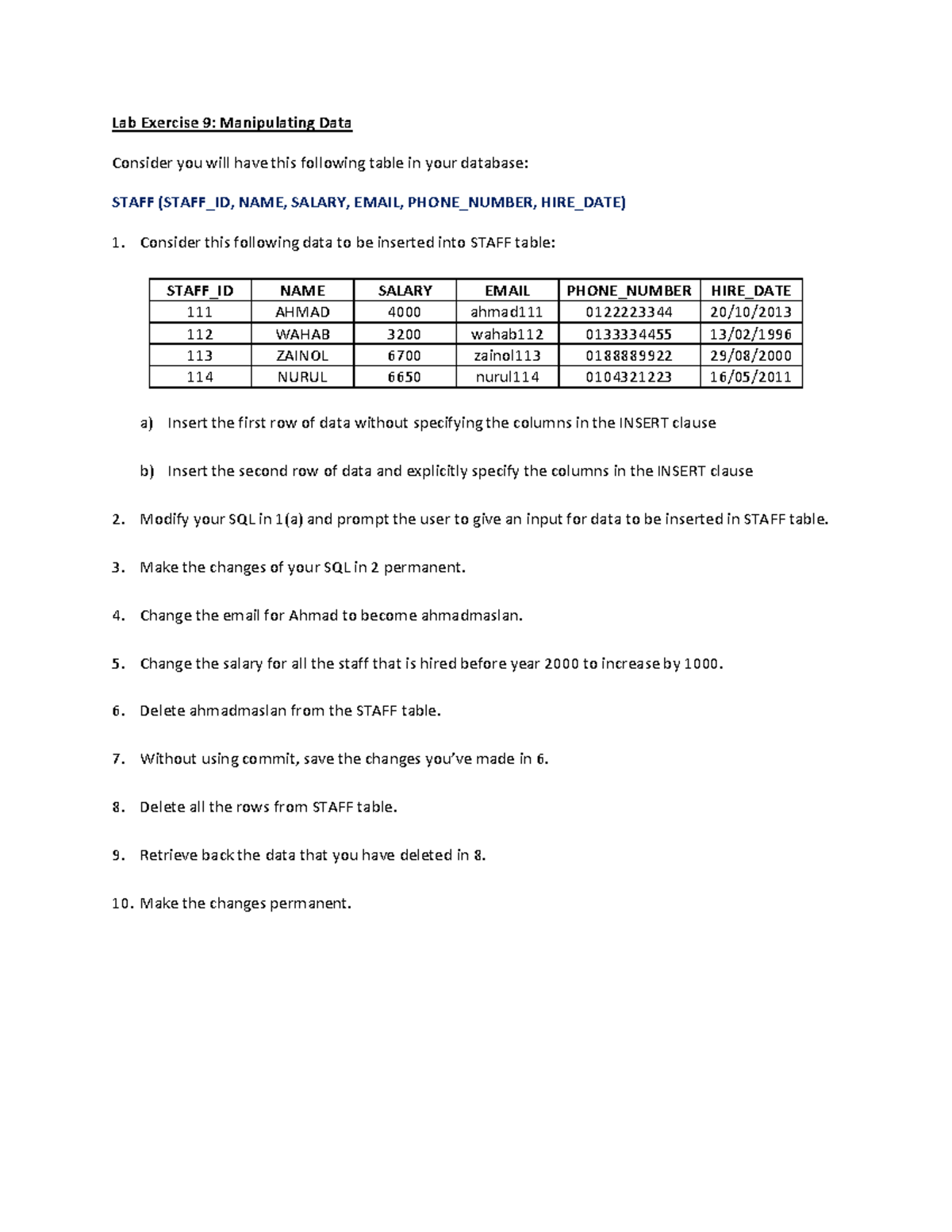 LAB Exercise 9: SQL Data Manipulation Techniques - Studocu