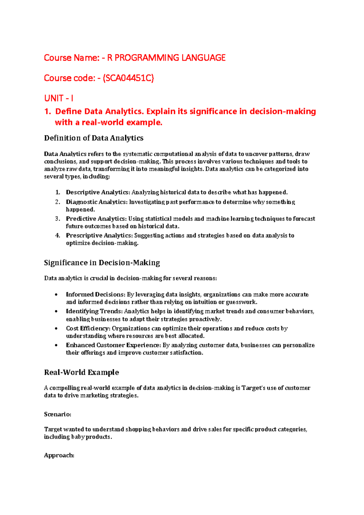 Data Analytics Insights and R Programming - BCA SCA04451C - Studocu