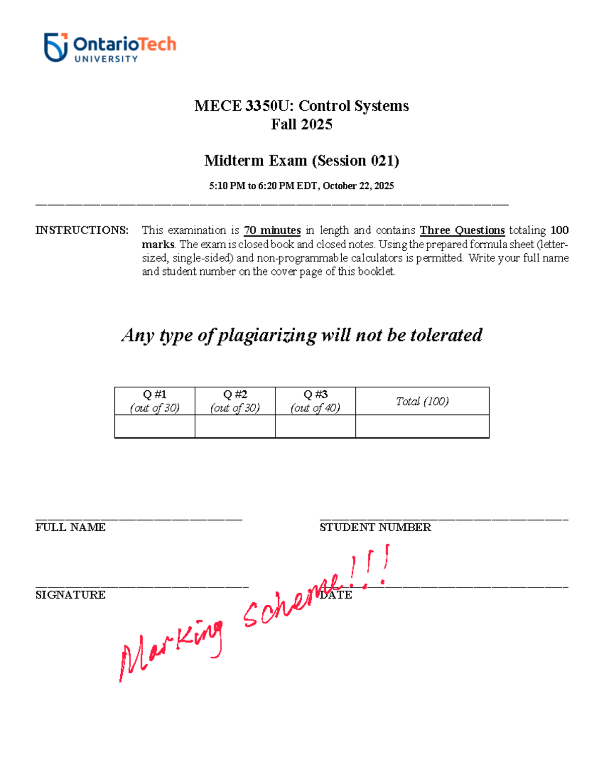 MECE 3350U: Control Systems Fall 2025 Midterm Exam Marking Scheme - Studocu