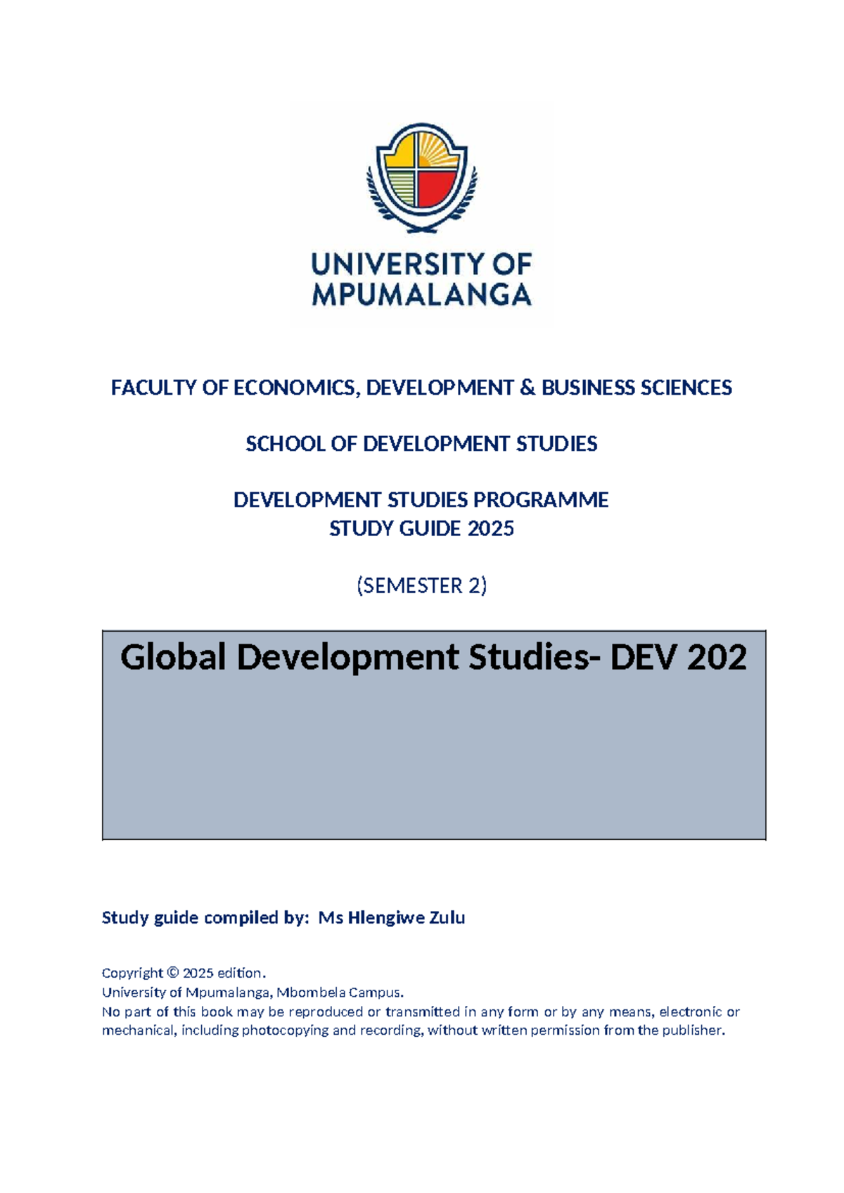 DEV 202 Global Development Studies Study Guide 2025 - Studocu