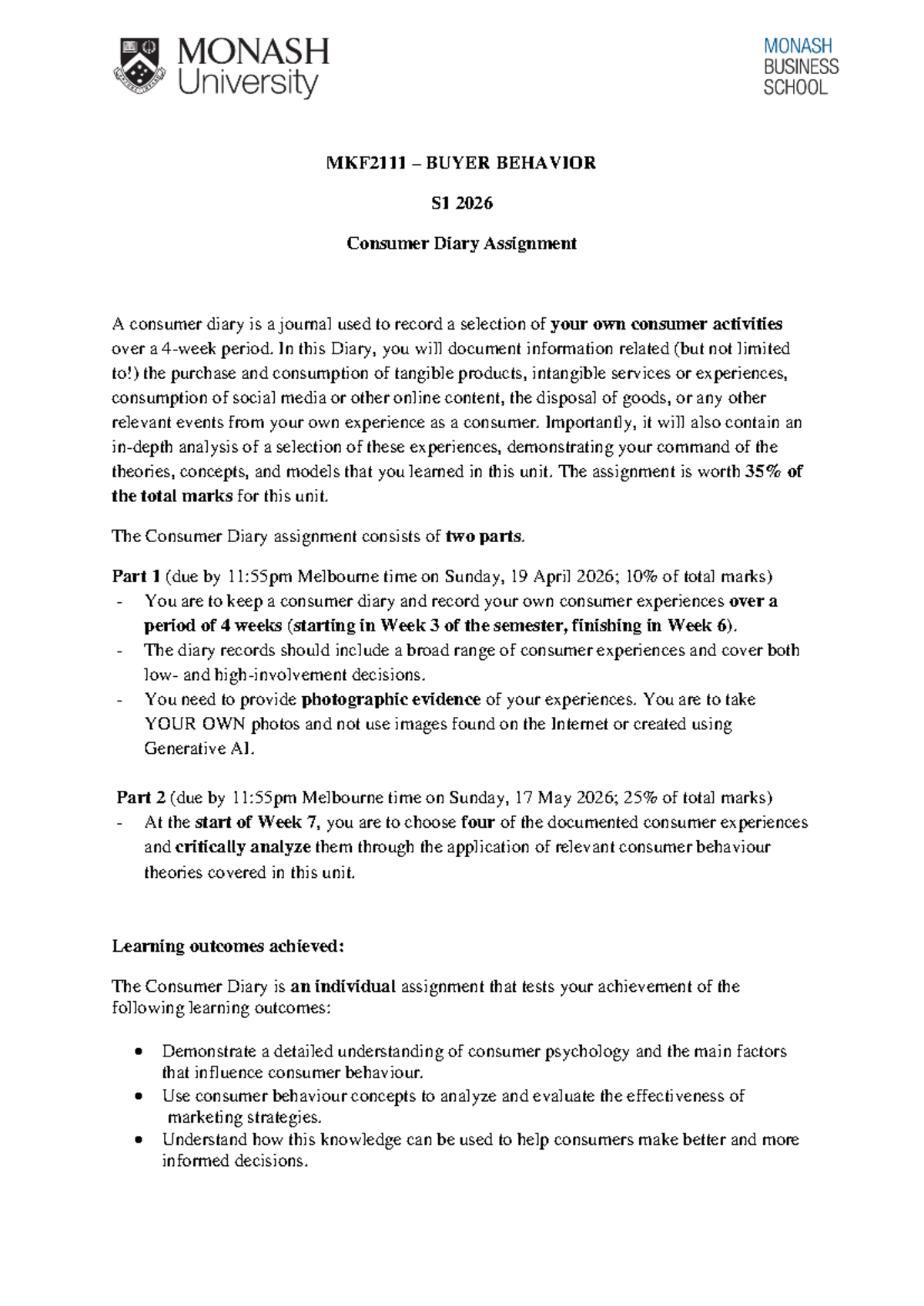 Consumer Diary Assignment MKF S1 2026: Part 1 Guidelines - Studocu