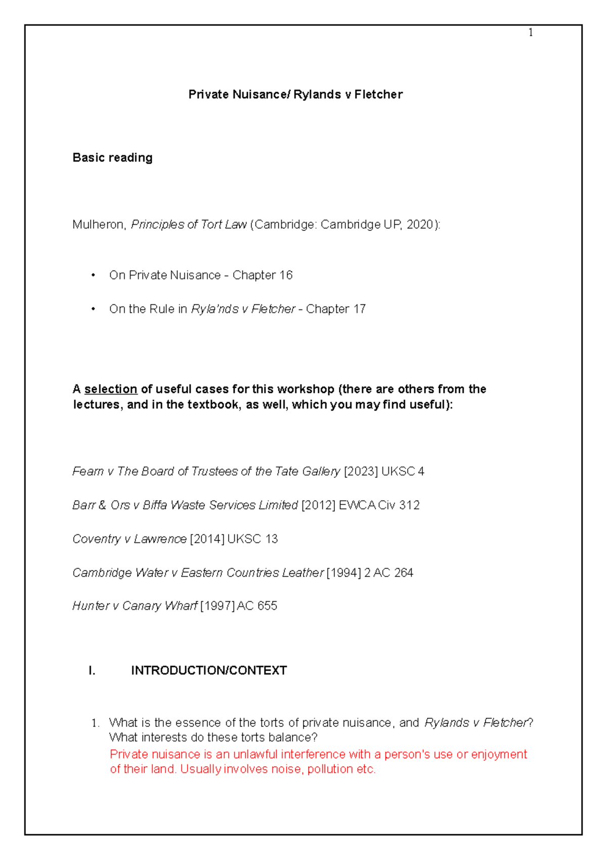 Tort Law - Workshop 7 - seminar - Private Nuisance/ Rylands v Fletcher ...