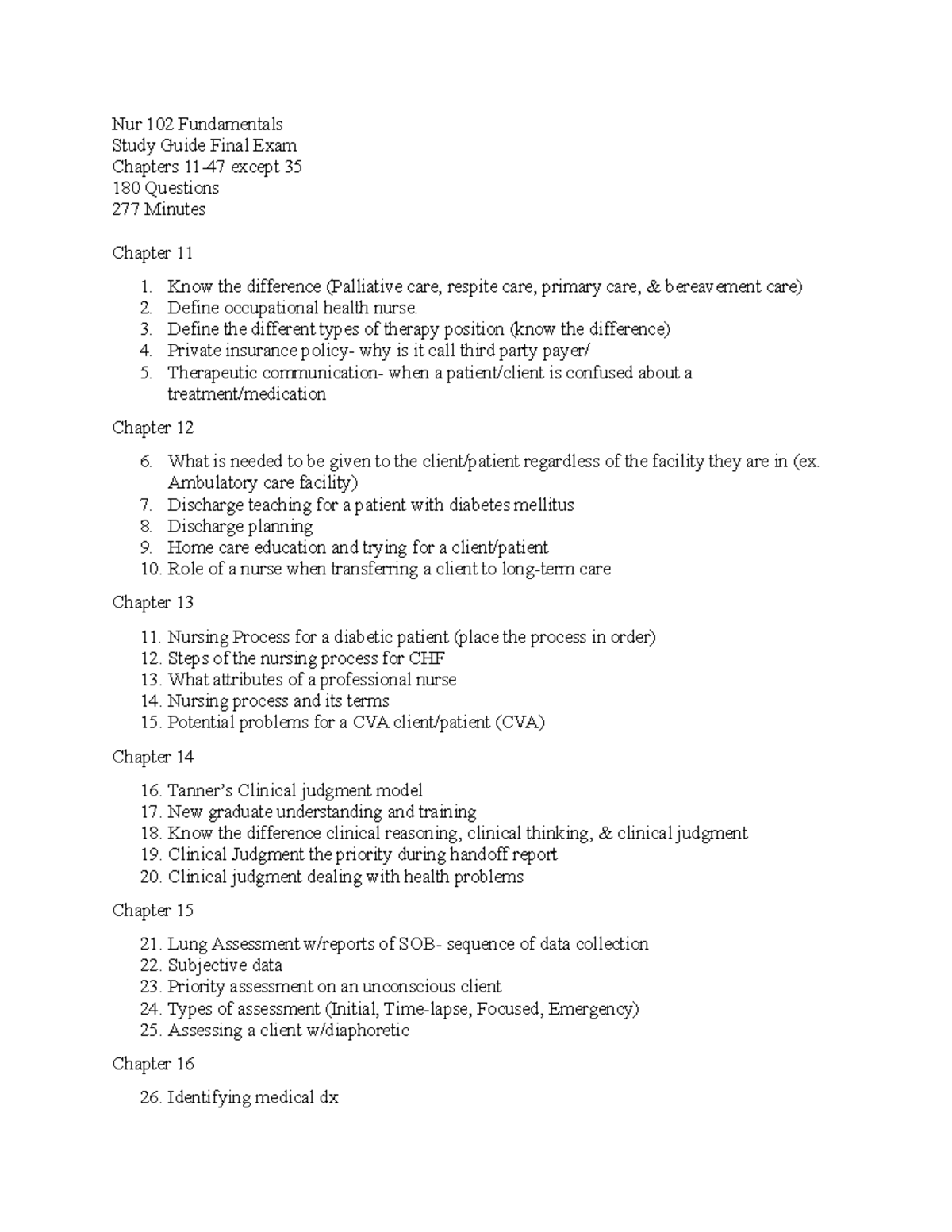 NUR 102 Fundamentals - Final Exam Study Guide & Key Topics (Ch. 11-47 ...
